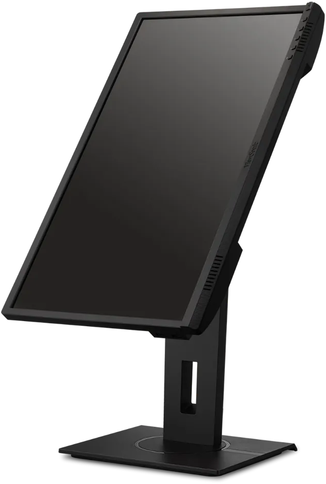 Fekete ViewSonic monitor, ferde kijelzővel. Fekete állványon áll.