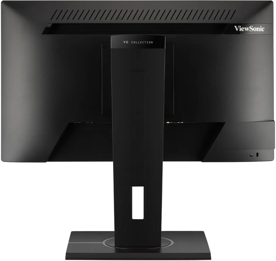 Egy fekete ViewSonic monitor hátulja állvánnyal, fekete felületen.