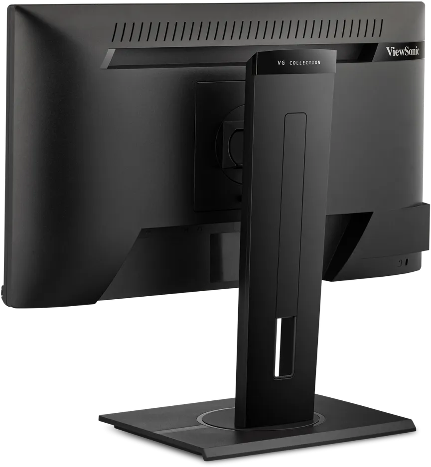 Fekete ViewSonic monitor hátulról. Állvánnyal és sok szellőzőnyílással.