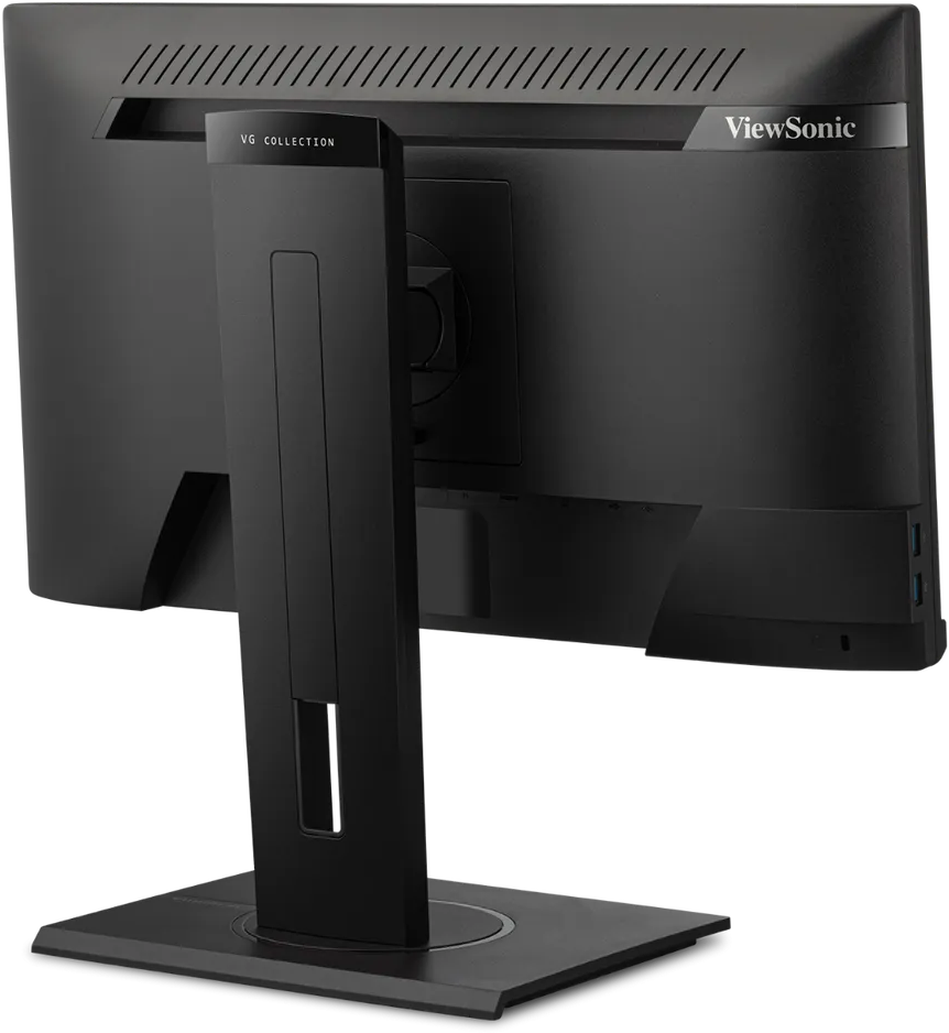 Fekete számítógép monitor hátulról, állvánnyal és a ViewSonic logóval.