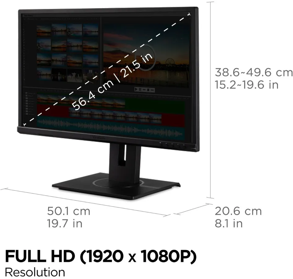 Fekete monitor videószerkesztő szoftverrel, méretekkel.