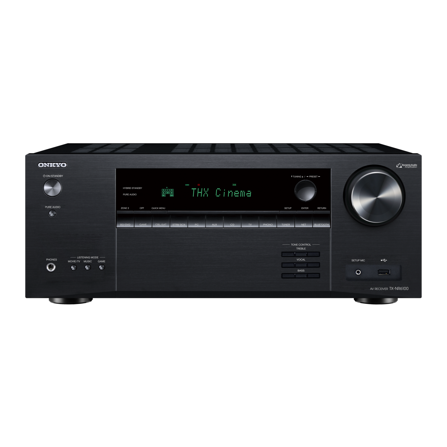 Black Onkyo AV receiver with screen displaying 'THX Cinema' and various buttons.