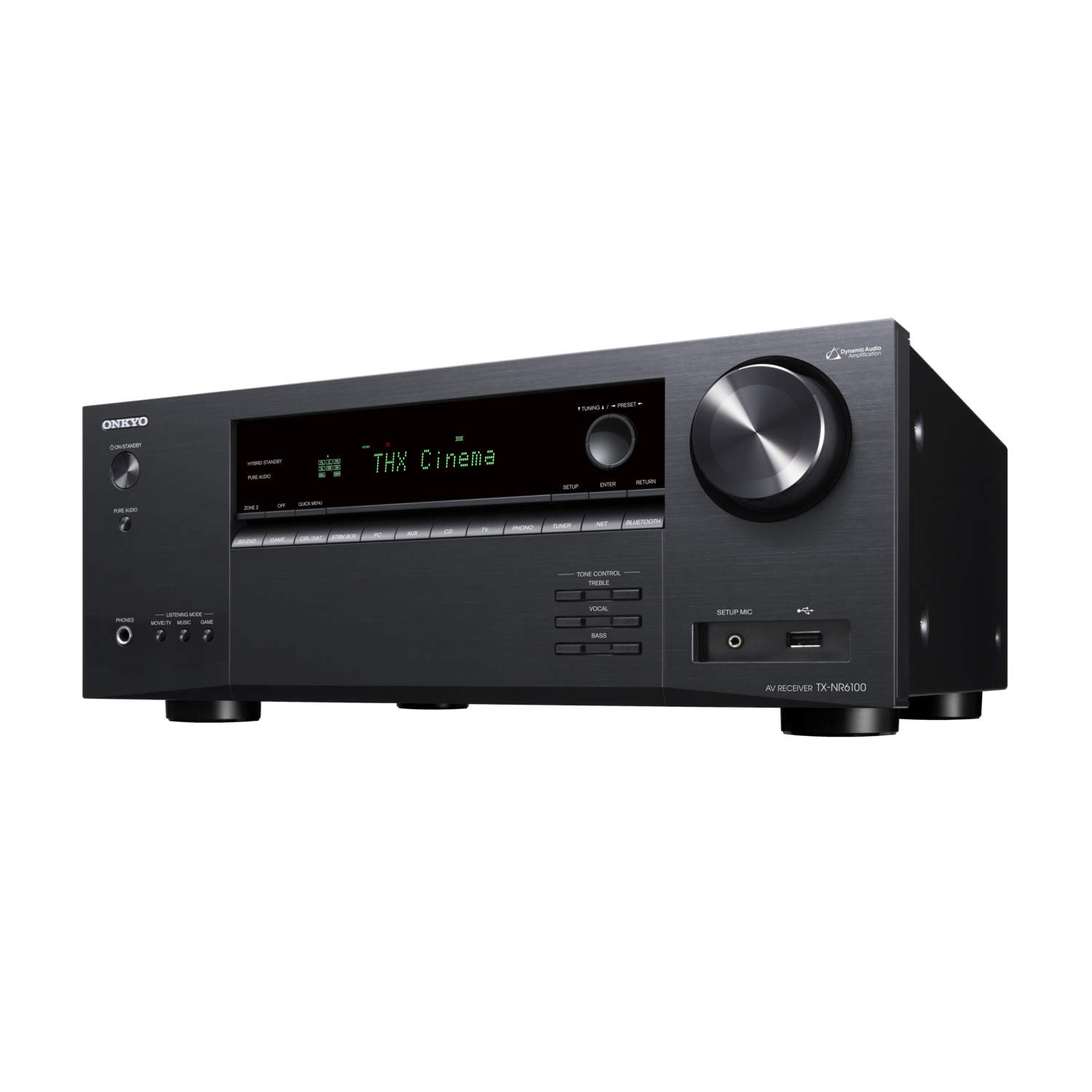 Black AV receiver with many buttons and a display. The front has a silver dial.