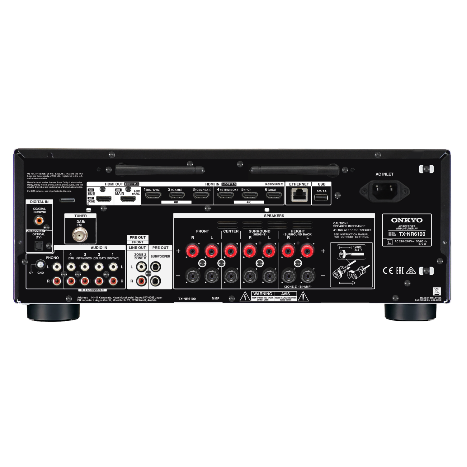 Rear panel of an Onkyo TX-NR6100 receiver. It has multiple ports, labels, and a black power input.