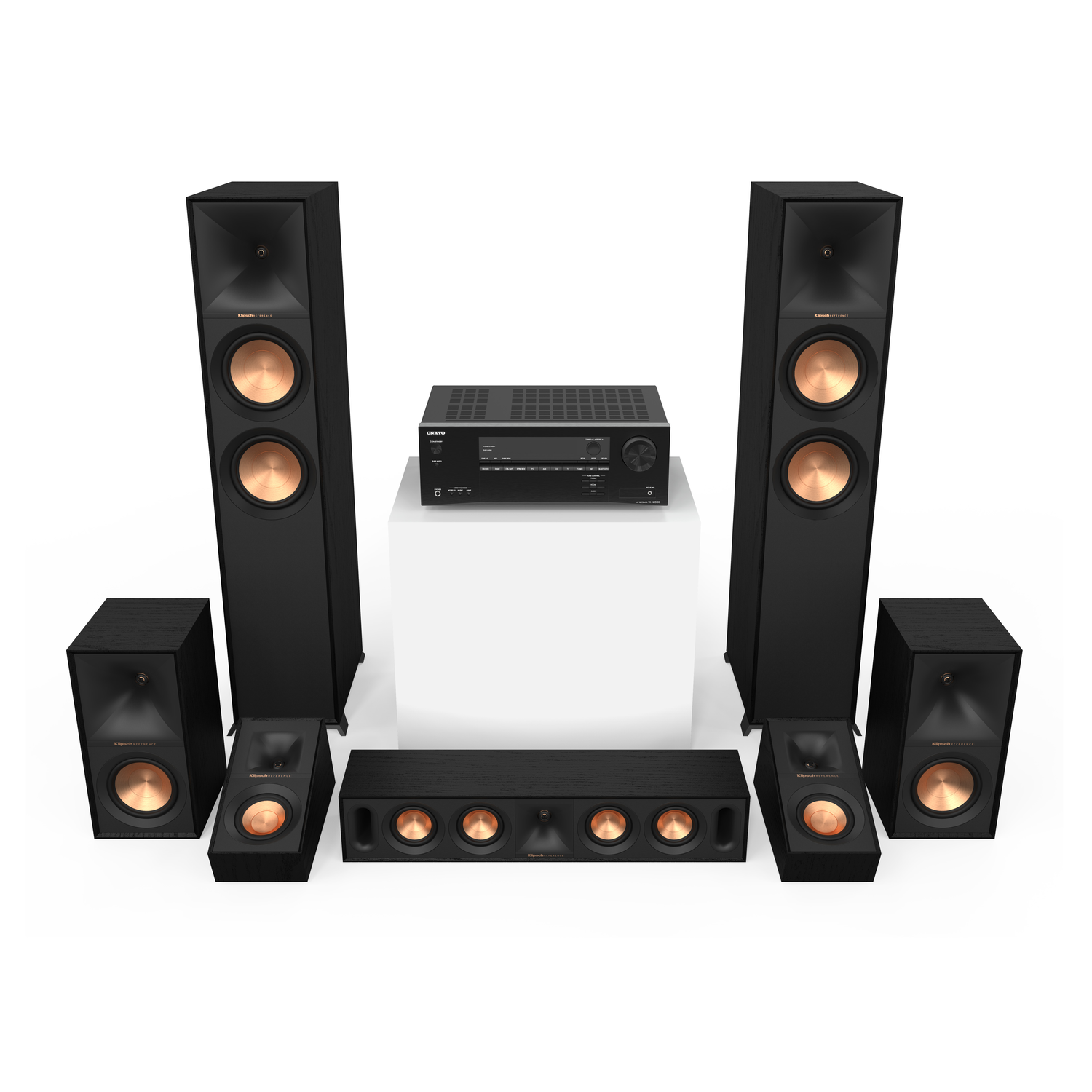 Black home theater system with speakers and a receiver on a white background.