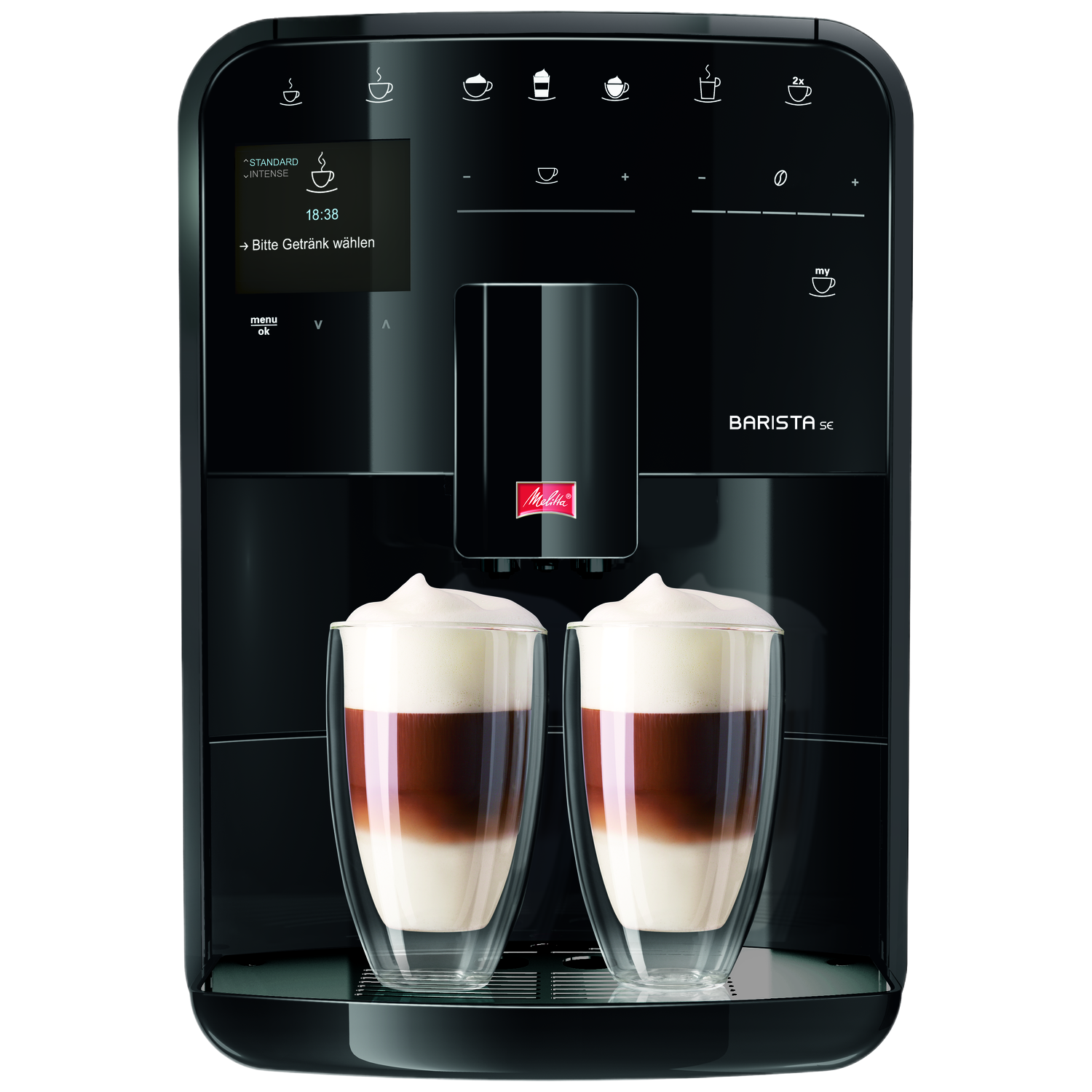 Machine à café noire avec deux verres de latte.