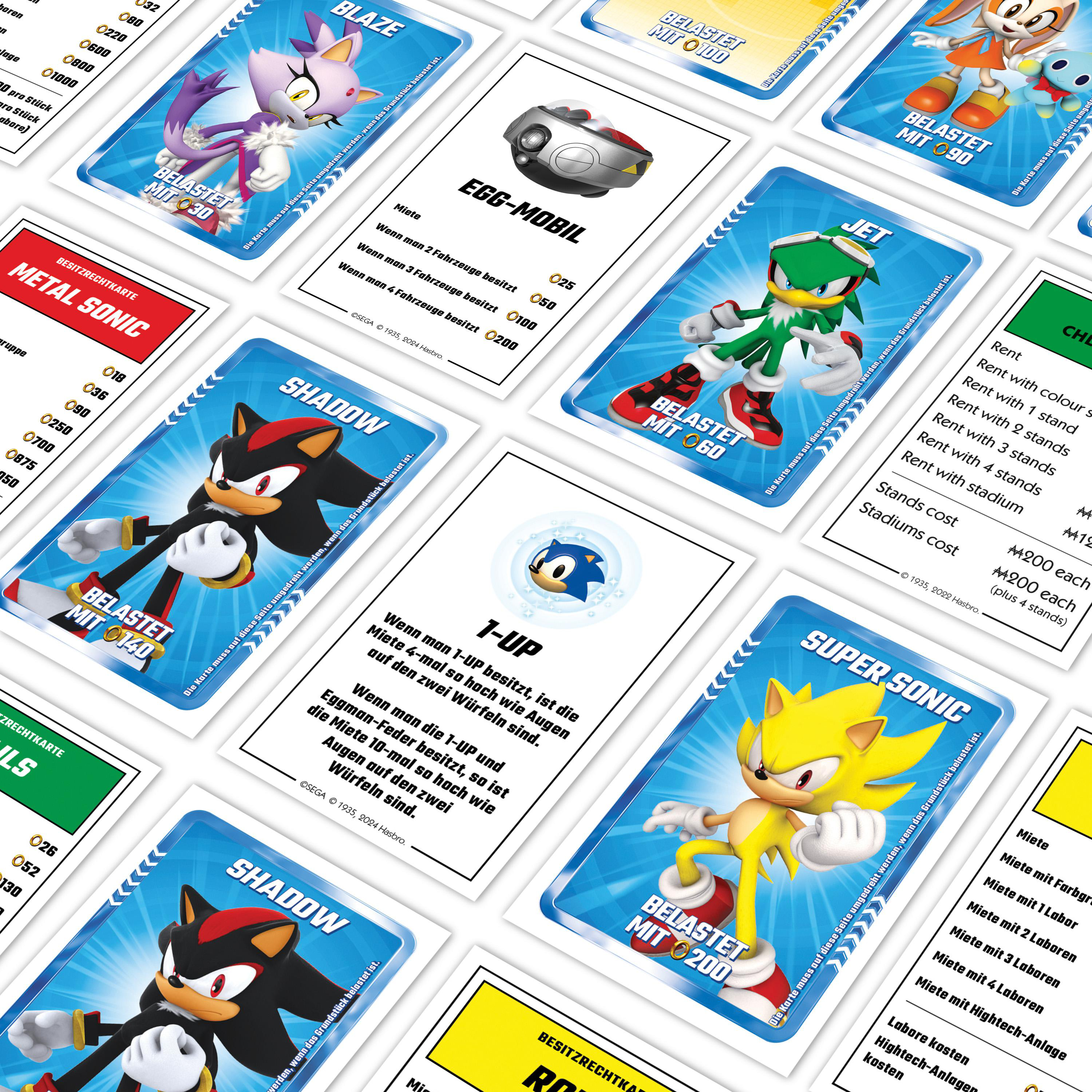 Verschiedene Sonic the Hedgehog-Spielkarten mit Charakteren wie Sonic und Shadow.