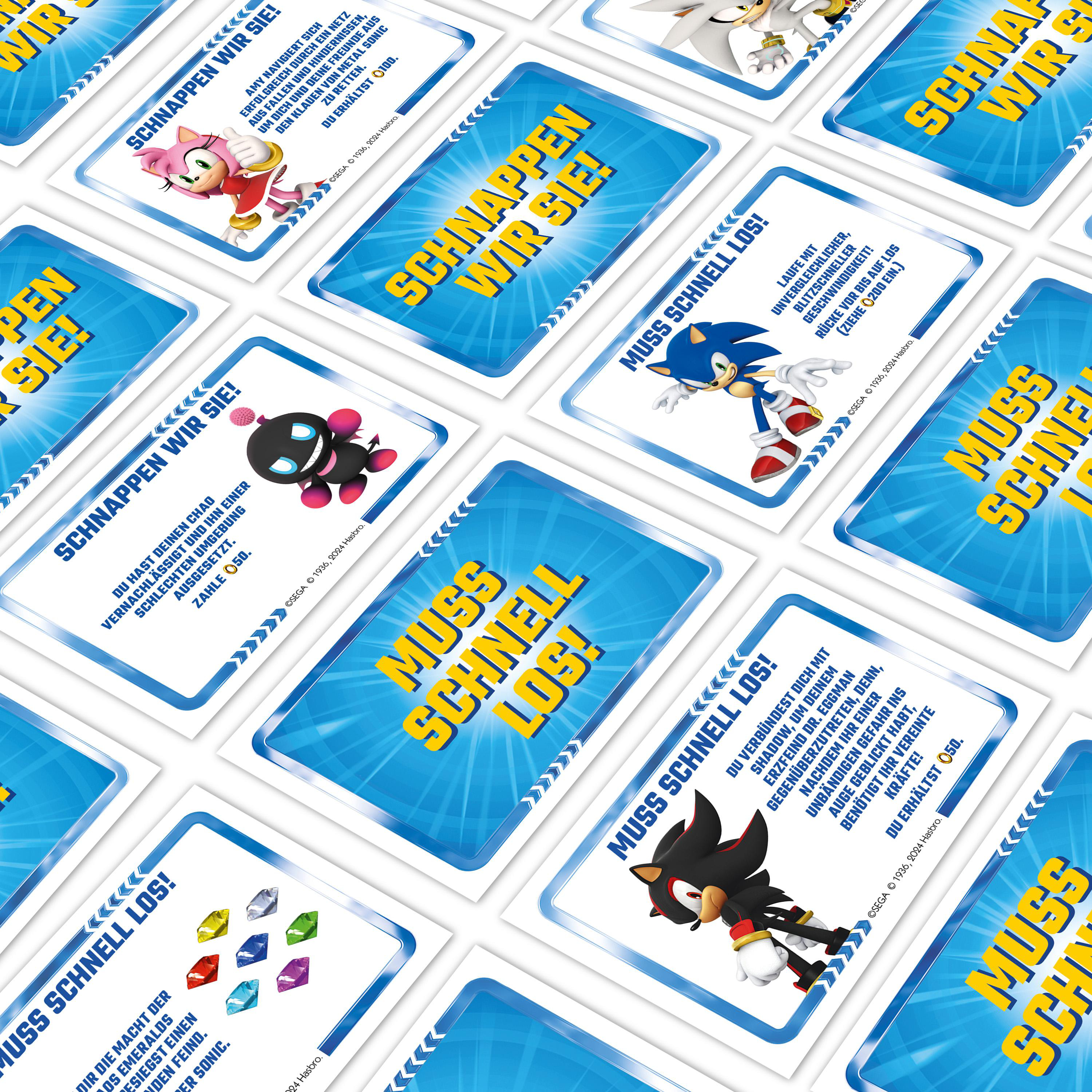 Karten mit Sonic-Charakteren und Sätzen wie 'Muss Schnell Los!' und 'Schnapp Wir Sie!'