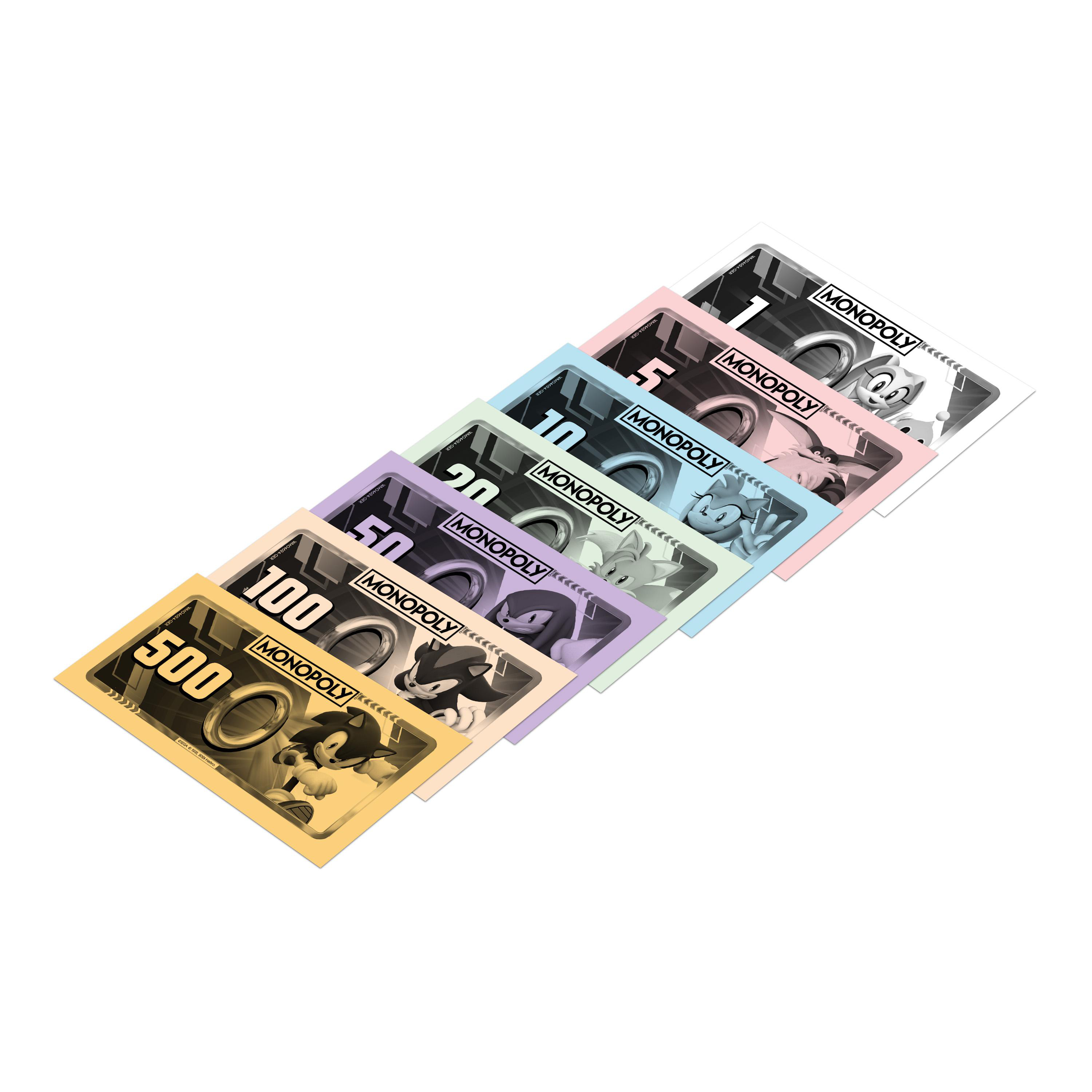 Monopoly-Geld mit Sonic und anderen Charakteren. Verschiedene Stückelungen werden auf weißem Hintergrund angezeigt.