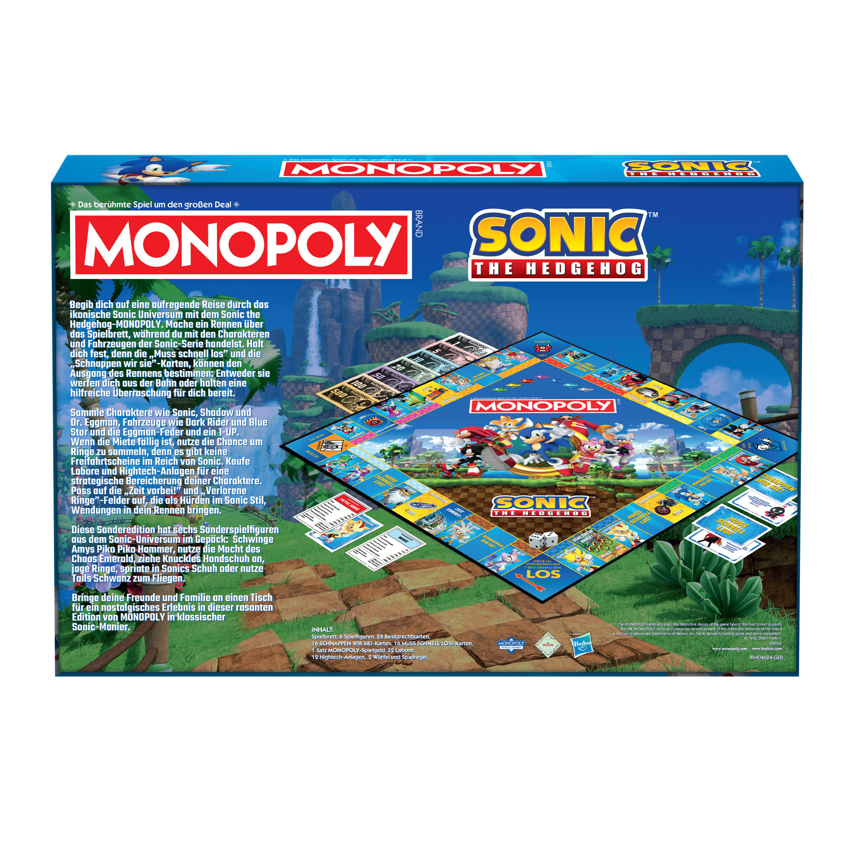 Monopoly: Sonic the Hedgehog Brettspiel. Sonic-Charaktere auf dem Brett, farbenfrohe Box zeigt das Spiel.