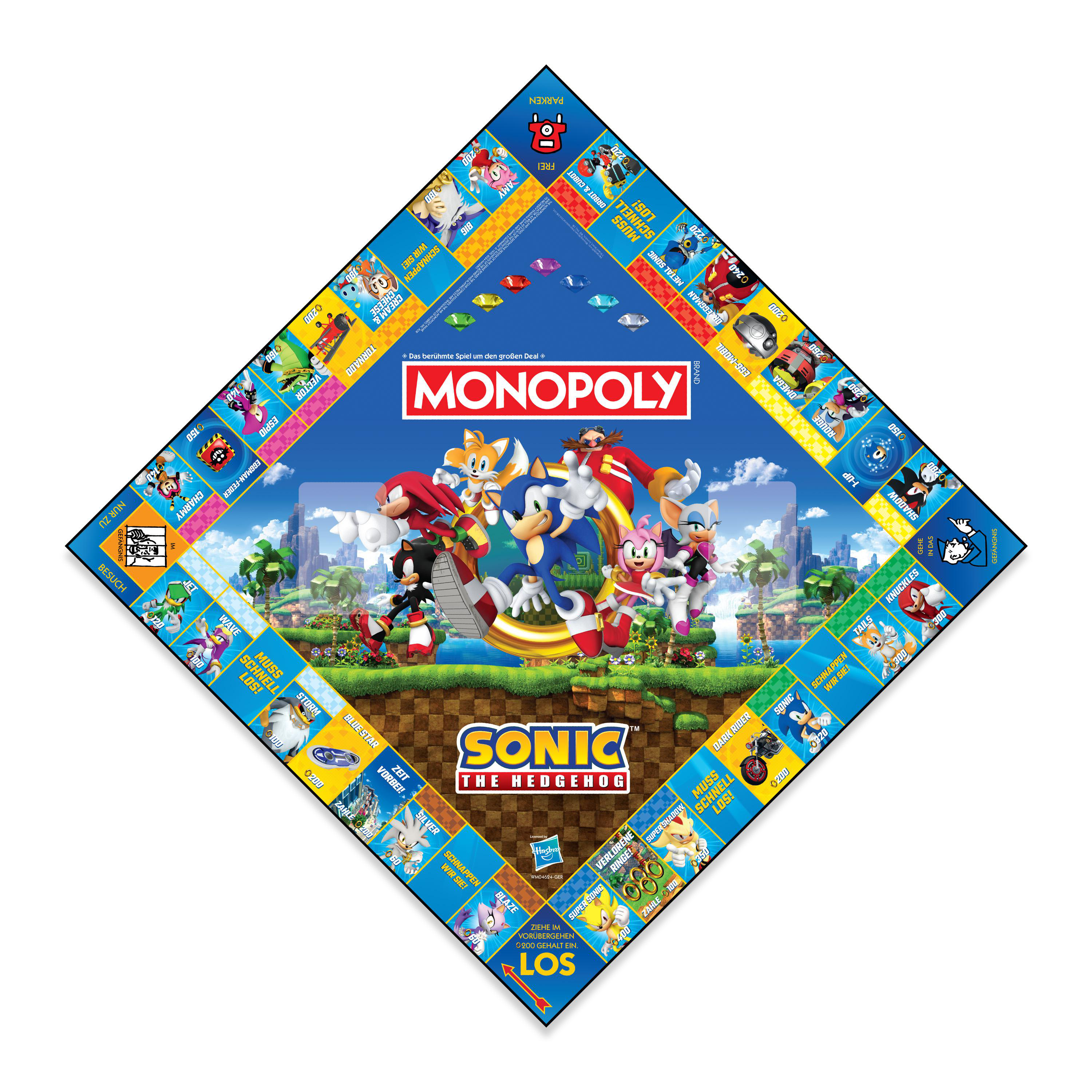 Sonic the Hedgehog Monopoly Brettspiel. Charaktere und Wahrzeichen sind auf einem blau-grünen Brett abgebildet.