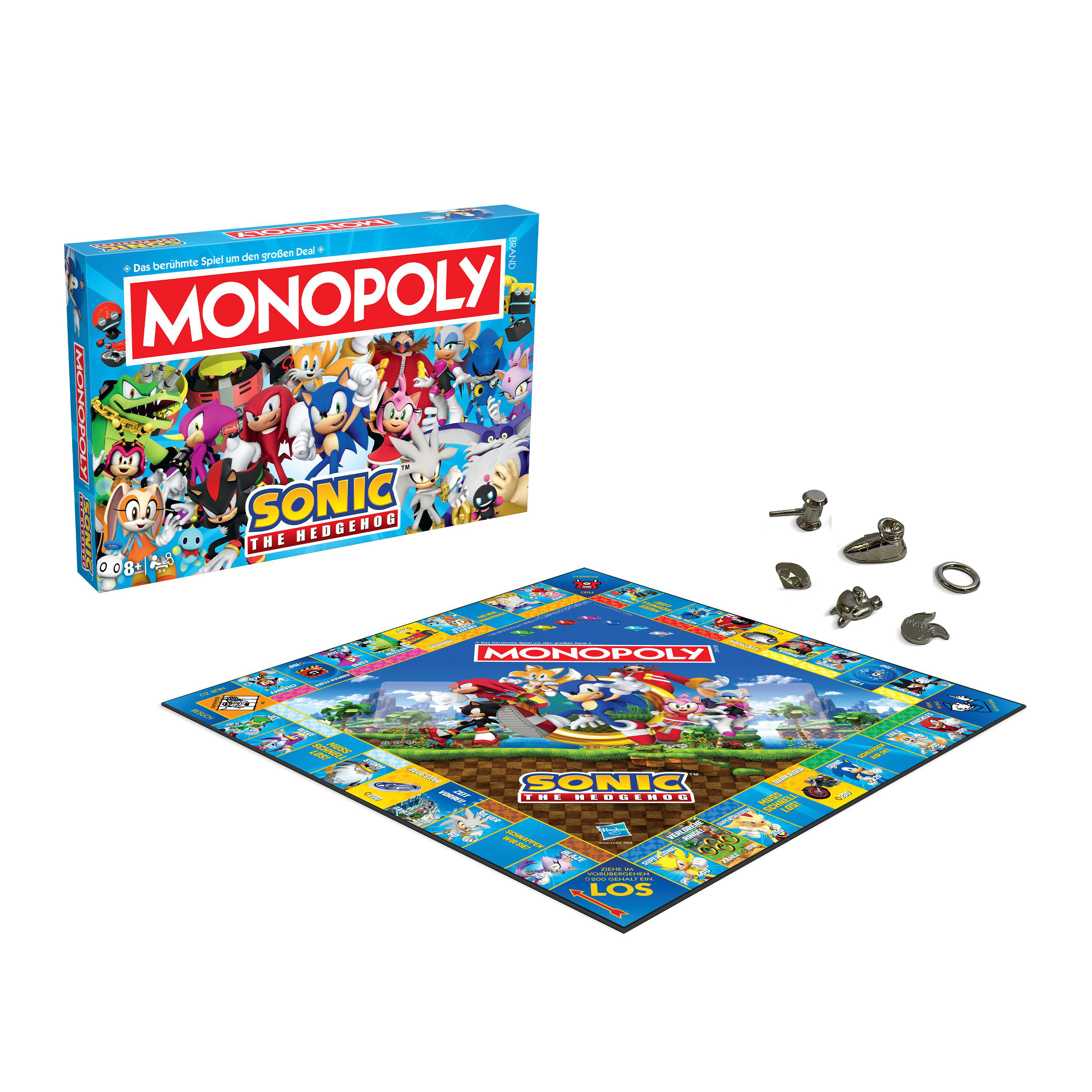 Monopoly Sonic the Hedgehog Brettspiel. Die Box zeigt Charaktere. Spielbrett und Spielsteine sichtbar.
