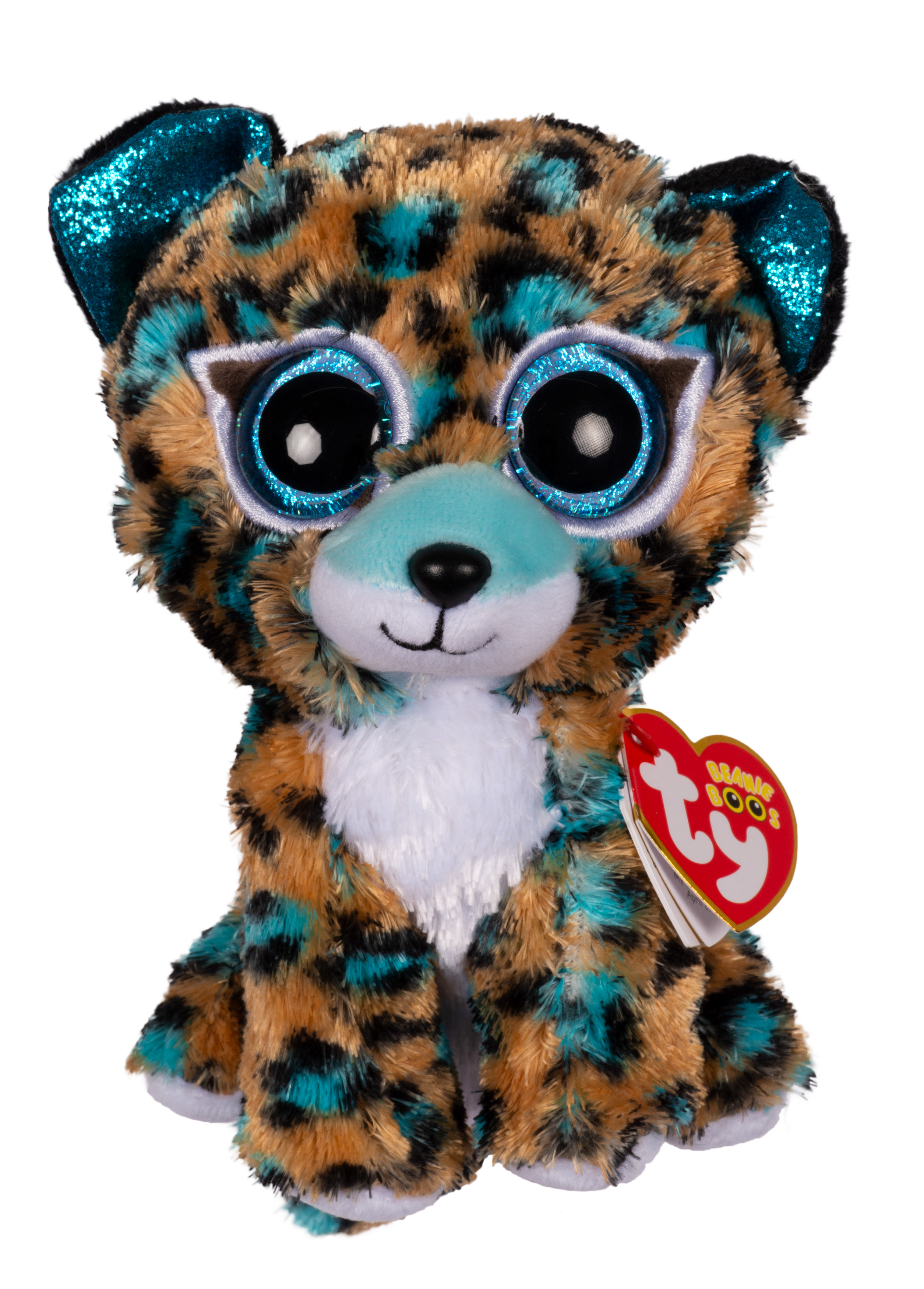Ein Ty Beanie Boos Leopard-Plüschtier. Es hat einen Leopardenprint, blaue Ohren und Augen sowie ein rotes Herz-Tag.