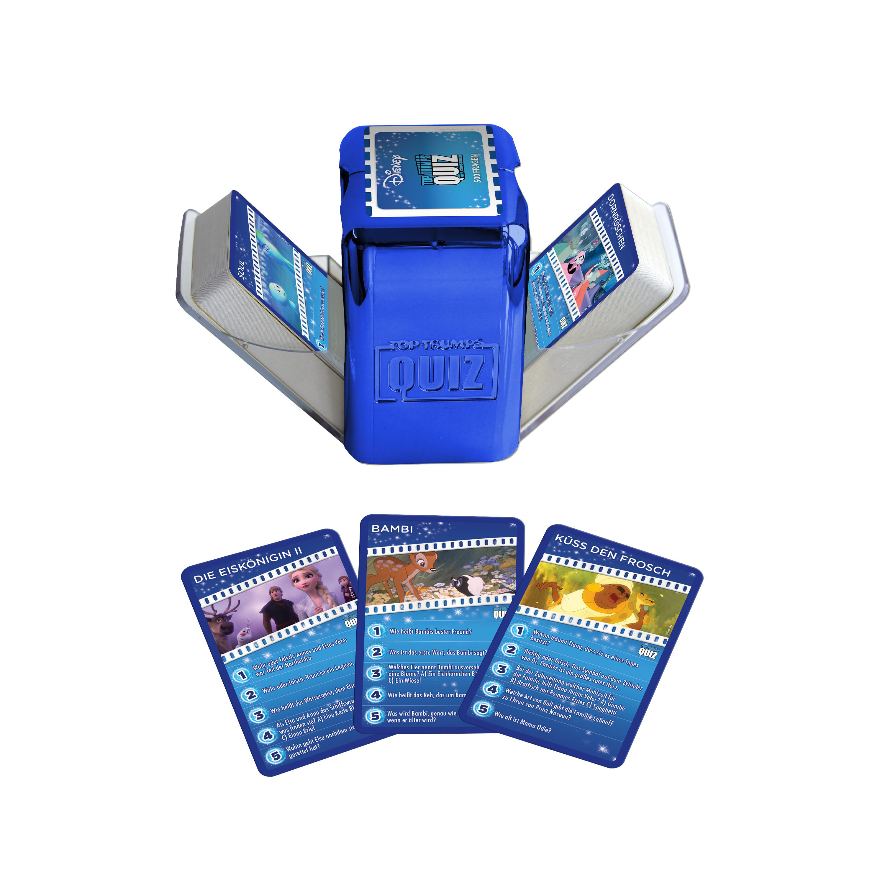 Eine blaue Spielkonsole mit Spielkarten, auf denen Filmfiguren abgebildet sind.
