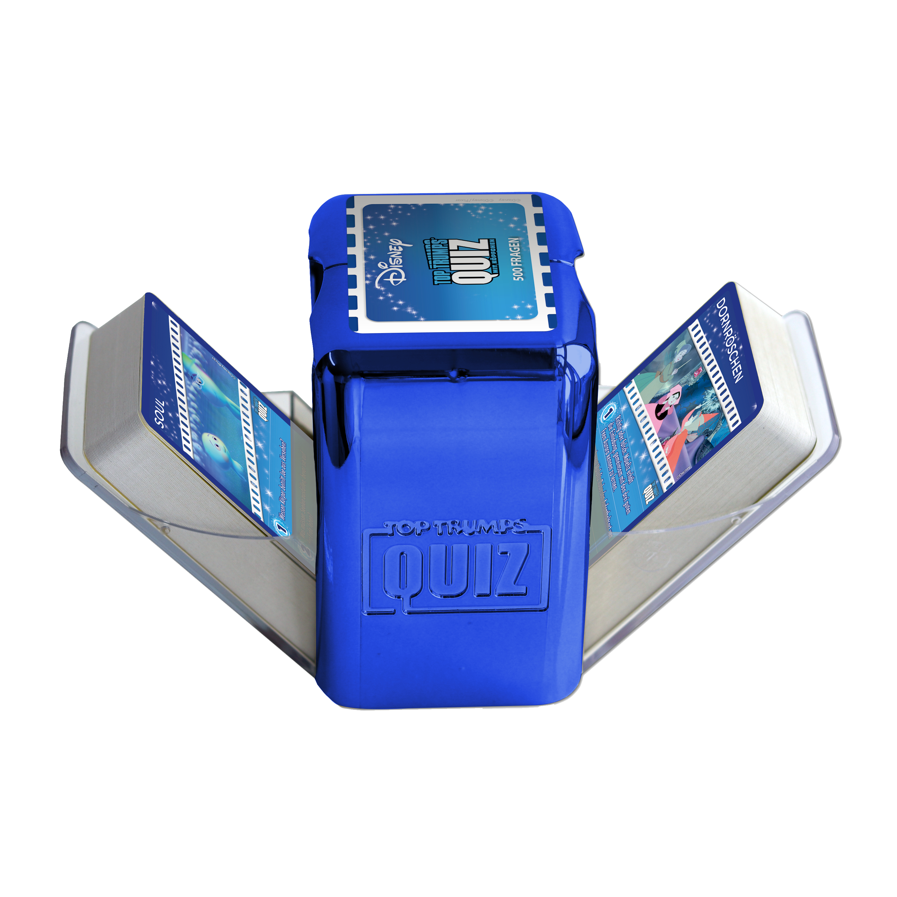 Ein blauer Top Trumps Quizspiel-Koffer mit aufgefächerten Karten.