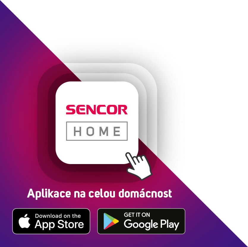 Sencor Home alkalmazás logója egy mutató kézzel, színes háttérrel körülvéve.
