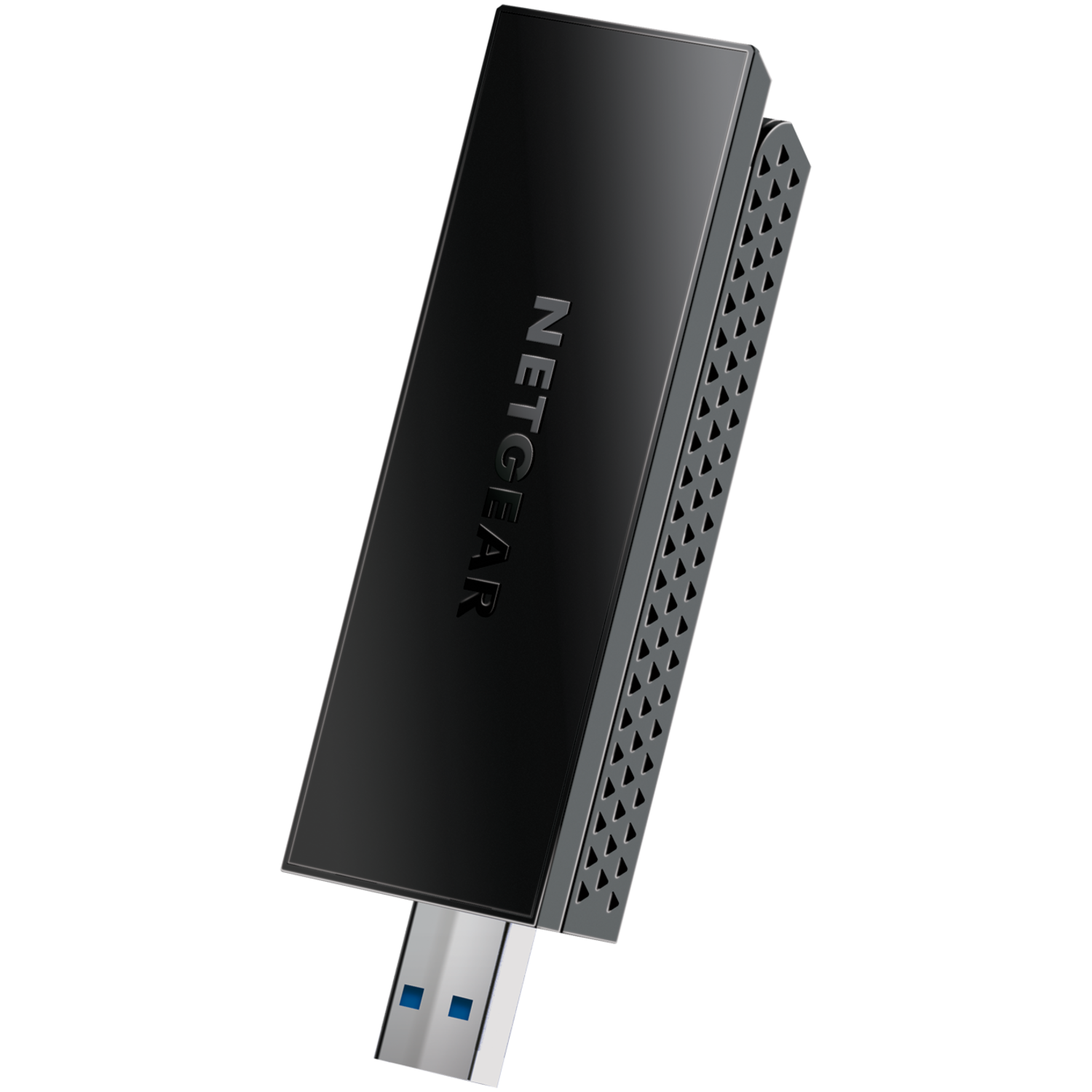Clé USB Netgear noire, avec le logo Netgear en blanc. Le connecteur USB est bleu.
