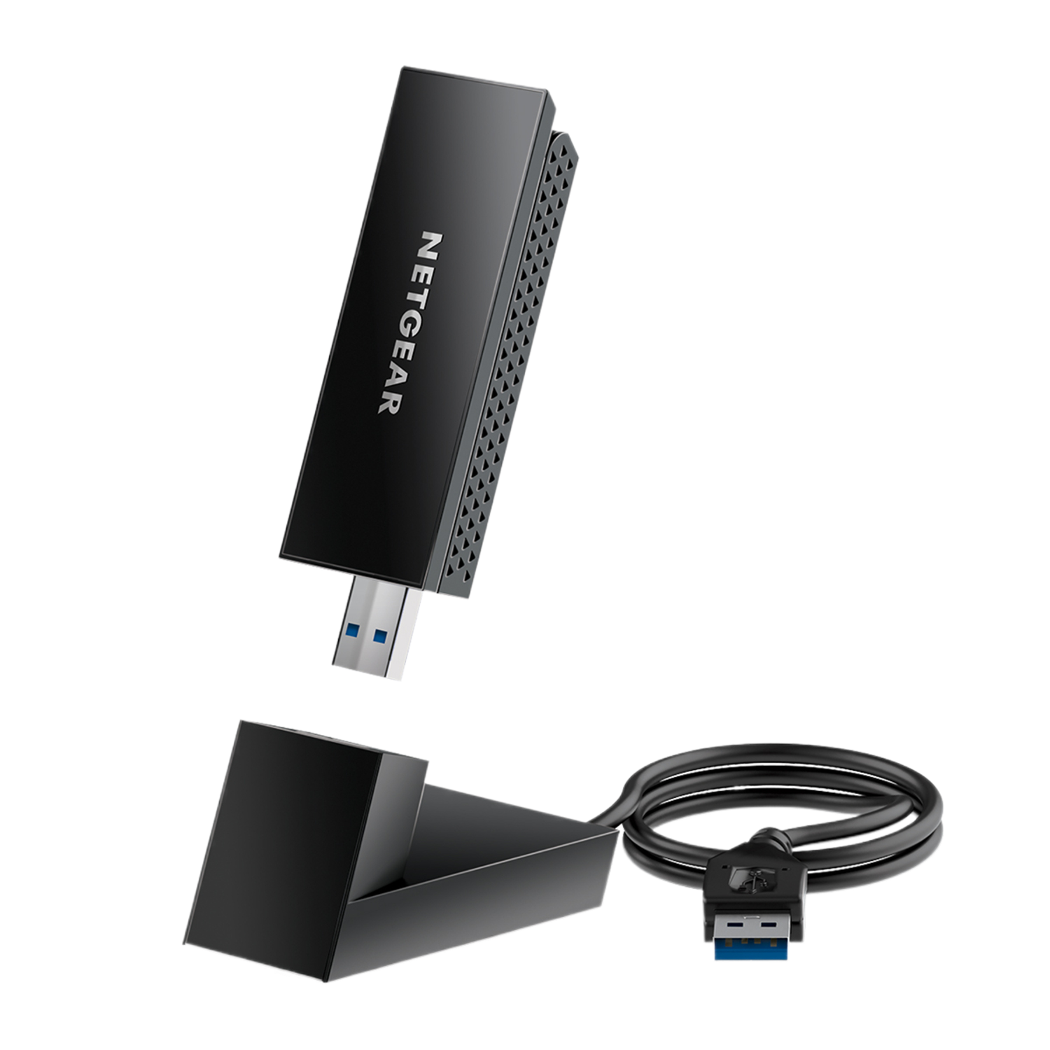 Adaptateur Wi-Fi USB Netgear noir avec station de charge et câble USB.