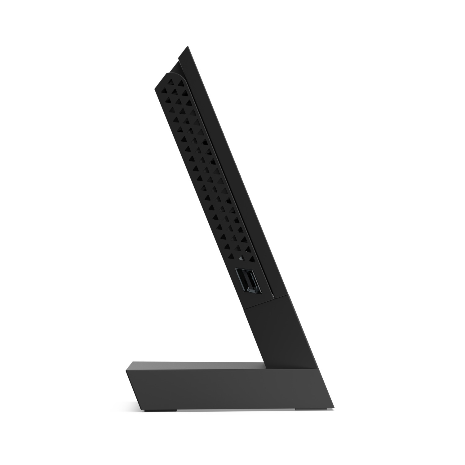 Appareil noir sur fond blanc. Il est incliné et a un côté à lamelles avec un port USB.