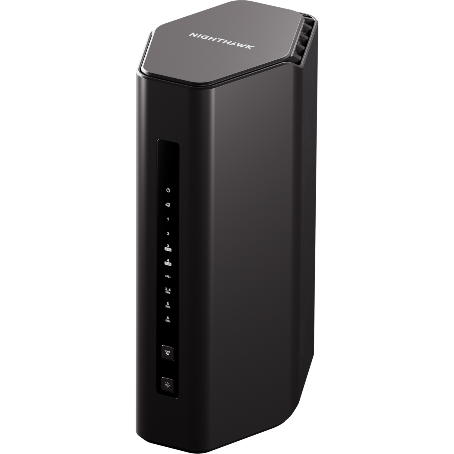 Zwarte Nighthawk-router. Hij is rechthoekig met indicatielampjes aan de voorkant en de merknaam erboven.
