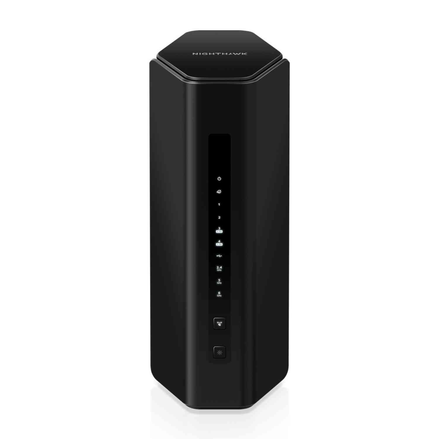 Zwarte Nighthawk-router, een hoog rechthoekig ontwerp met indicatoren en tekst.