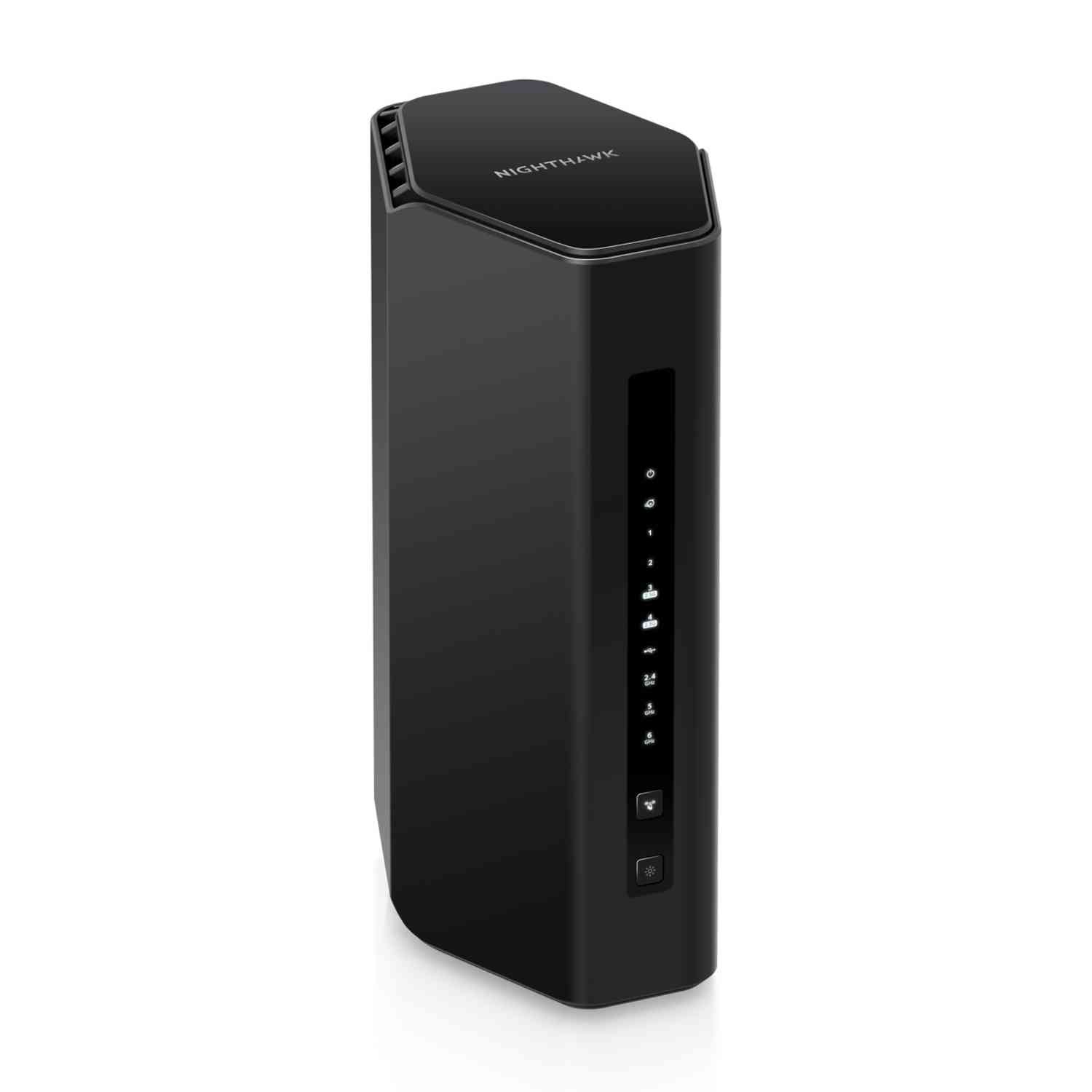 Een zwarte rechthoekige Nighthawk router met indicatielampjes op het voorpaneel.