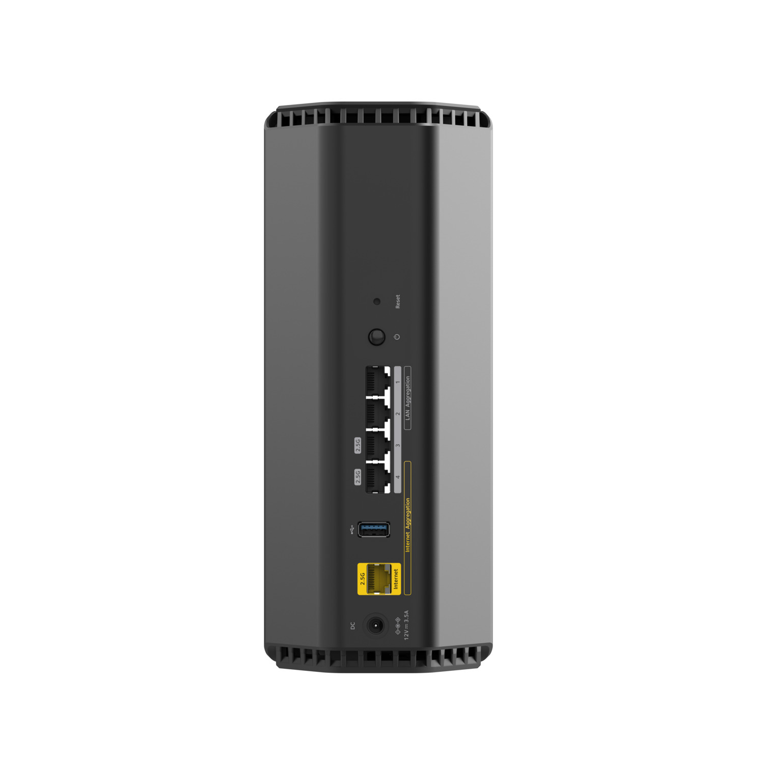 Zwarte router. De achterkant heeft poorten, waaronder LAN en Internet. Het heeft een resetknop en een voedingspoort.