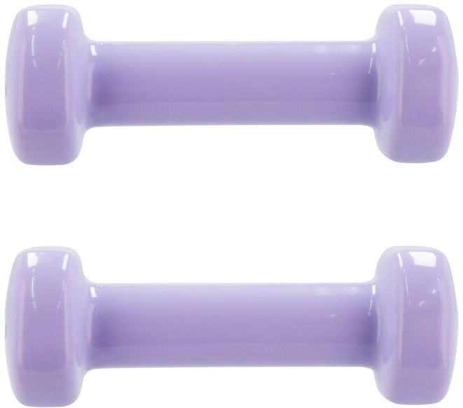 Dwie fioletowe hantle na białym tle. Cylindryczny uchwyt z zaokrąglonymi końcami.
