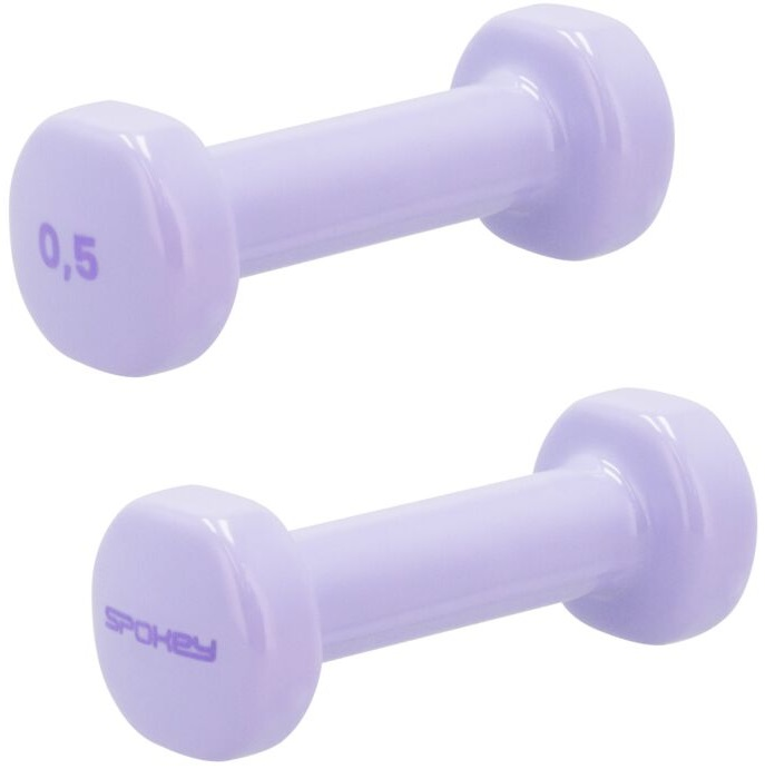 Dwie jasnofioletowe hantle. Na jednej napisano „0,5”, na drugiej „Spokey”.