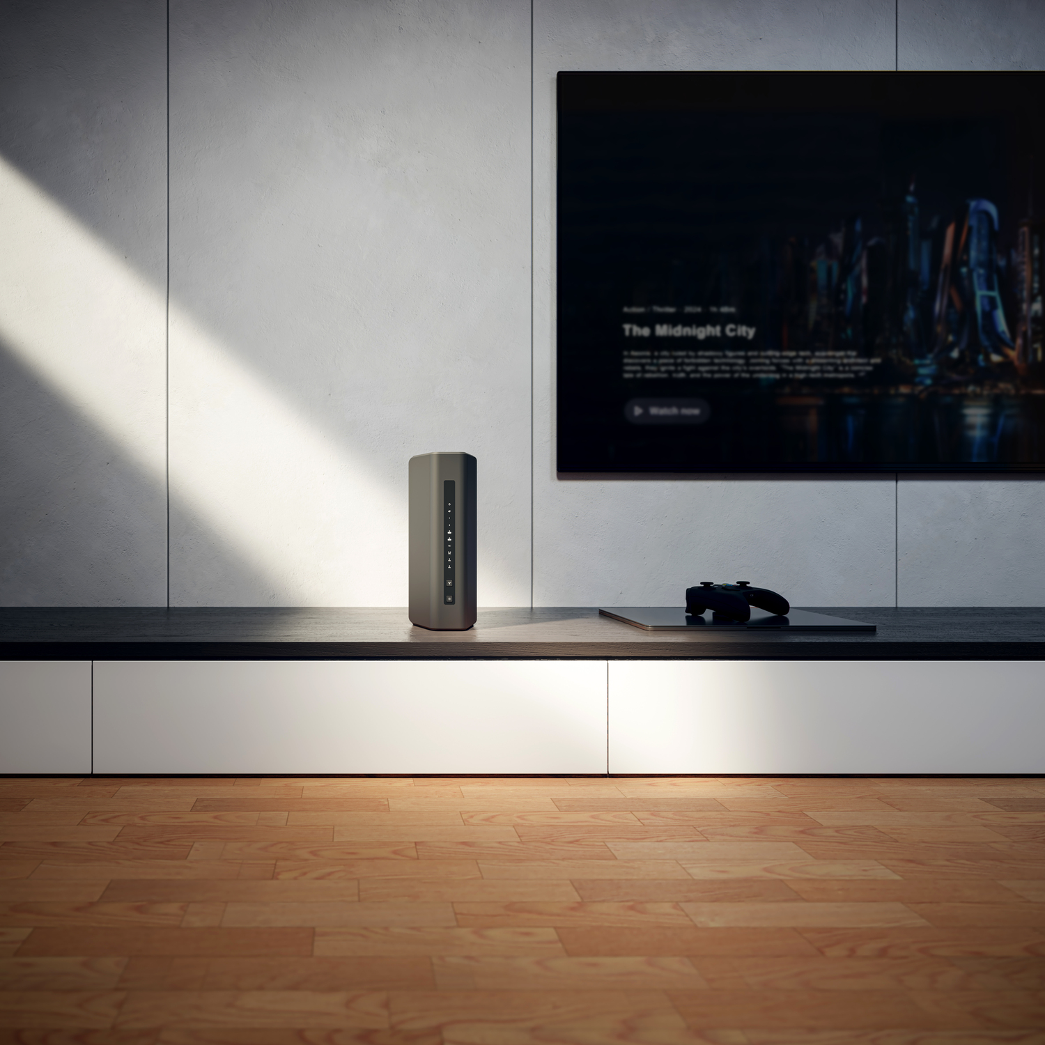 Moderne woonkameropstelling met een router, tv en gamecontroller op een houten vloer.