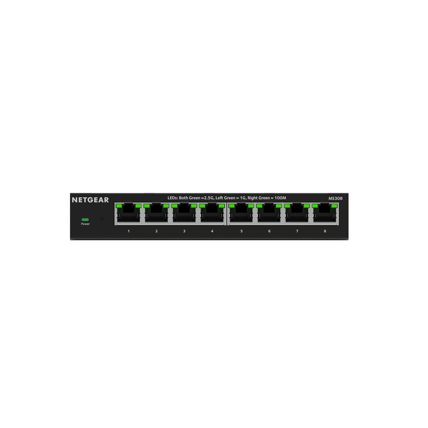 Commutateur réseau noir avec des lumières vertes et huit ports numérotés. La marque est NETGEAR.