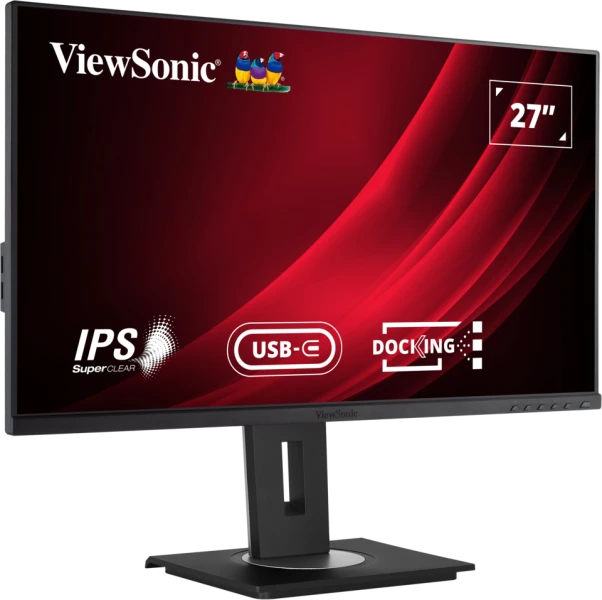 27 colos monitor piros háttérrel, USB-C-vel és dokkolási funkciókkal.