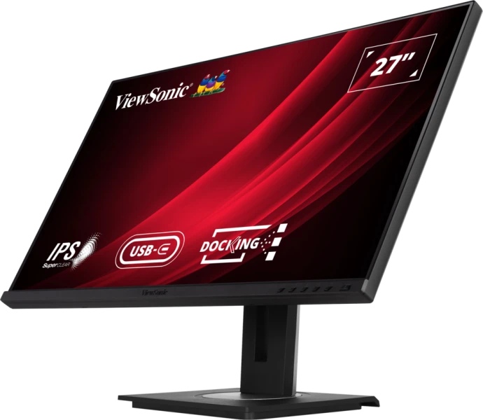ViewSonic monitor szögben, piros gradienssel és fekete kerettel; 27" felirat.