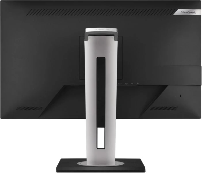 Egy ViewSonic monitor hátulja, látható az állvánnyal és a hátlappal.