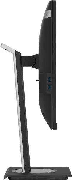Fekete számítógép monitor oldalsó nézete, ezüst állvánnyal, USB portokkal.