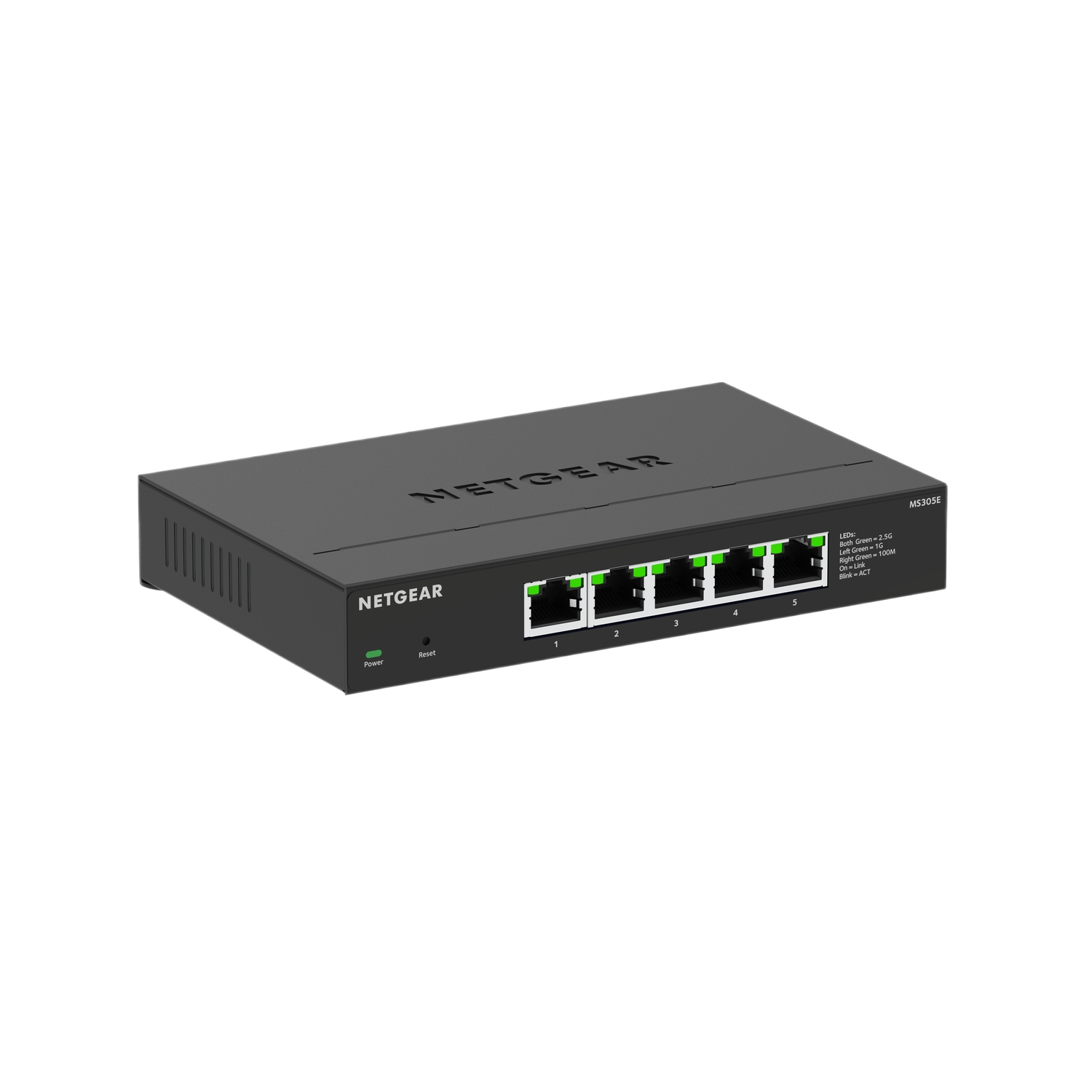 Switch NETGEAR noir avec 5 ports, boutons marche/arrêt et reset, et voyants.
