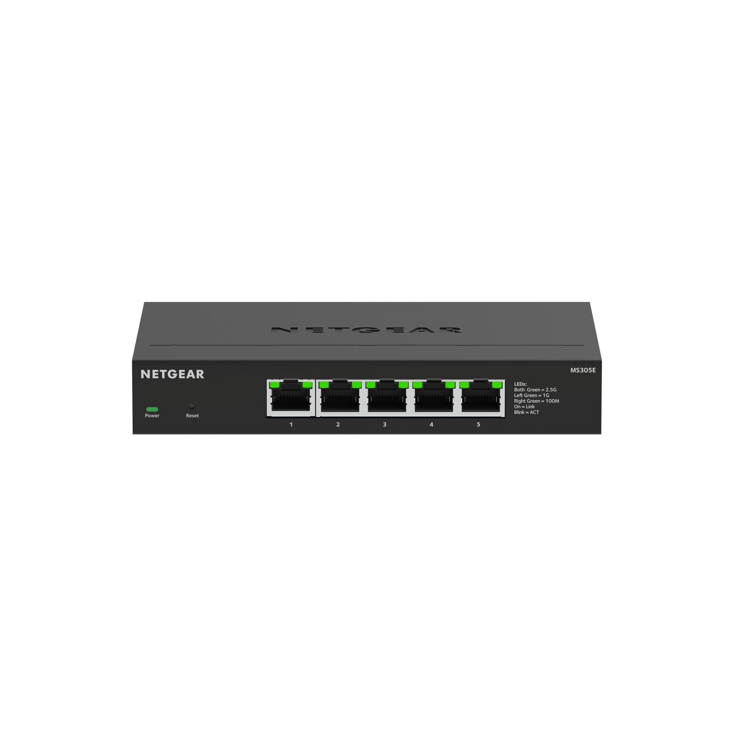 Commutateur réseau Netgear noir avec cinq ports Ethernet verts, étiquettes et boutons marche/arrêt.