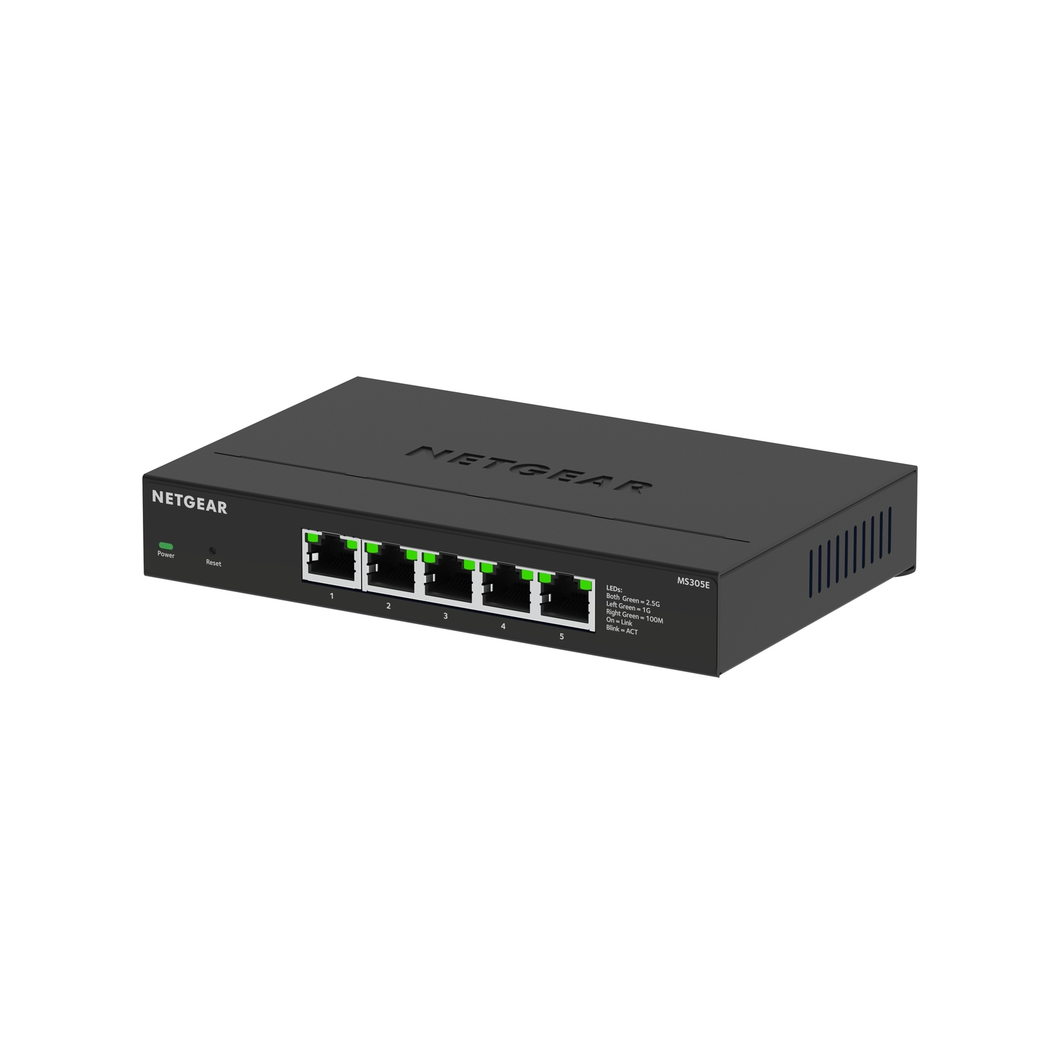 Switch réseau Netgear noir avec cinq ports et lumières vertes.