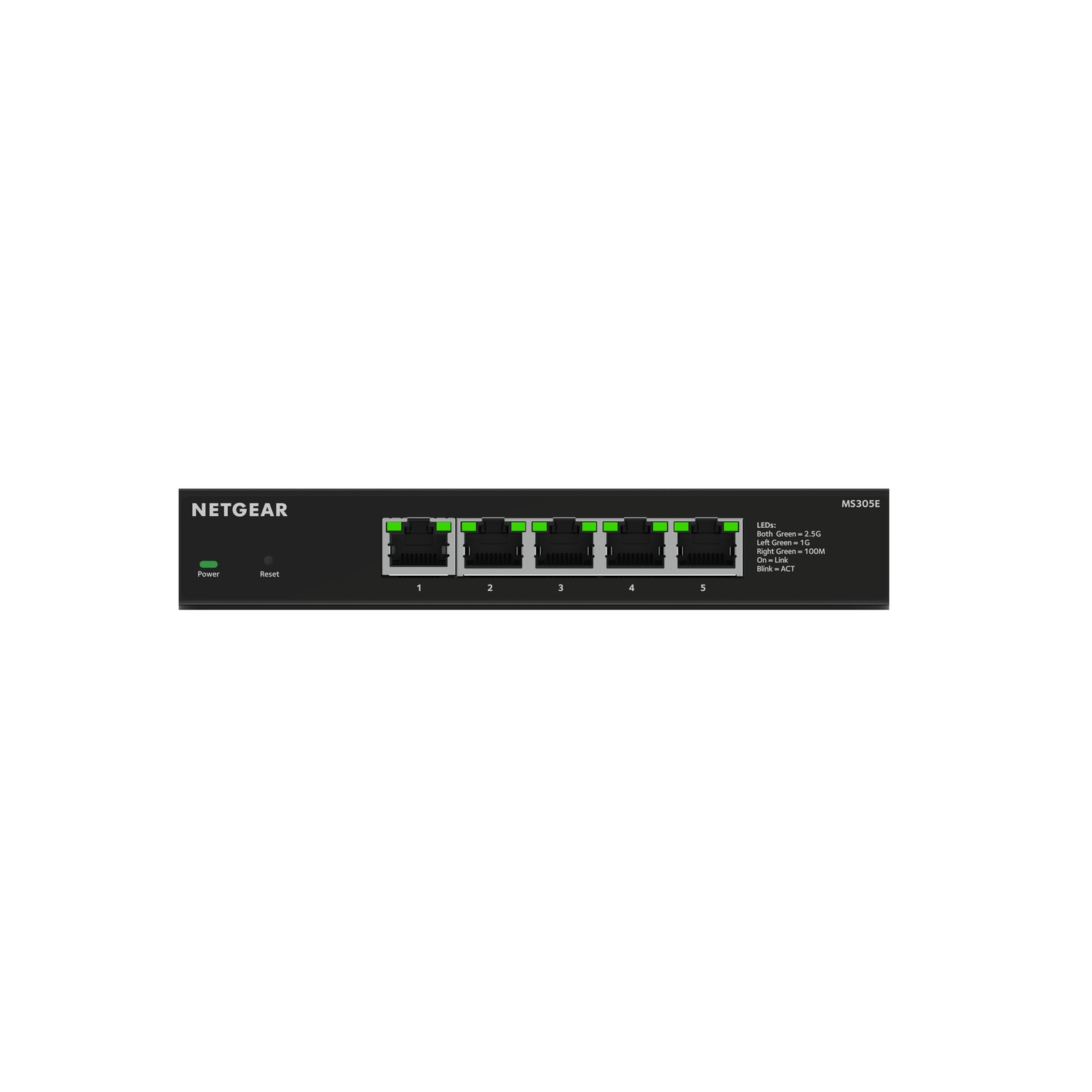 Commutateur Netgear noir avec lumières vertes, affichant les ports et les boutons marche/arrêt.