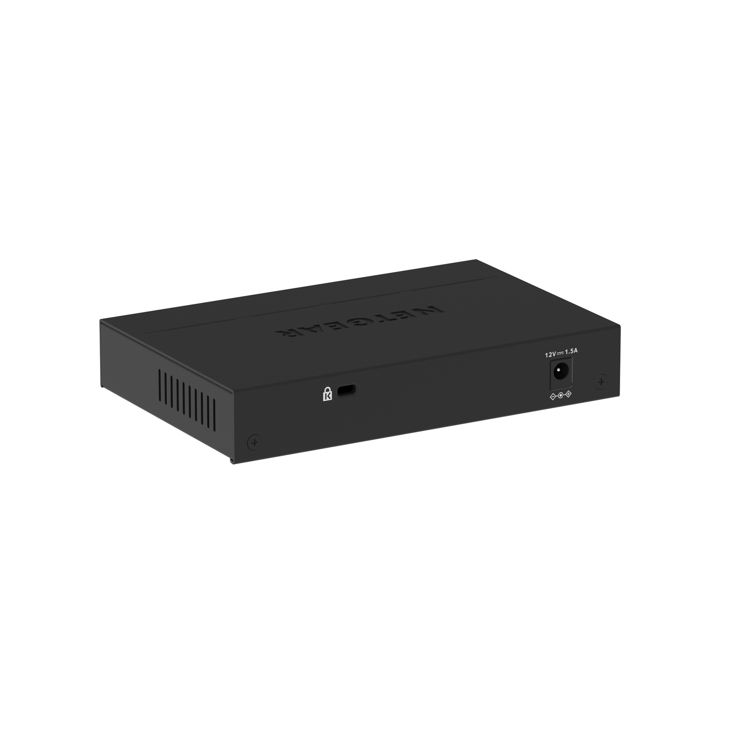 Appareil rectangulaire noir avec Netgear et ports de connexion. Signes plus et moins visibles.