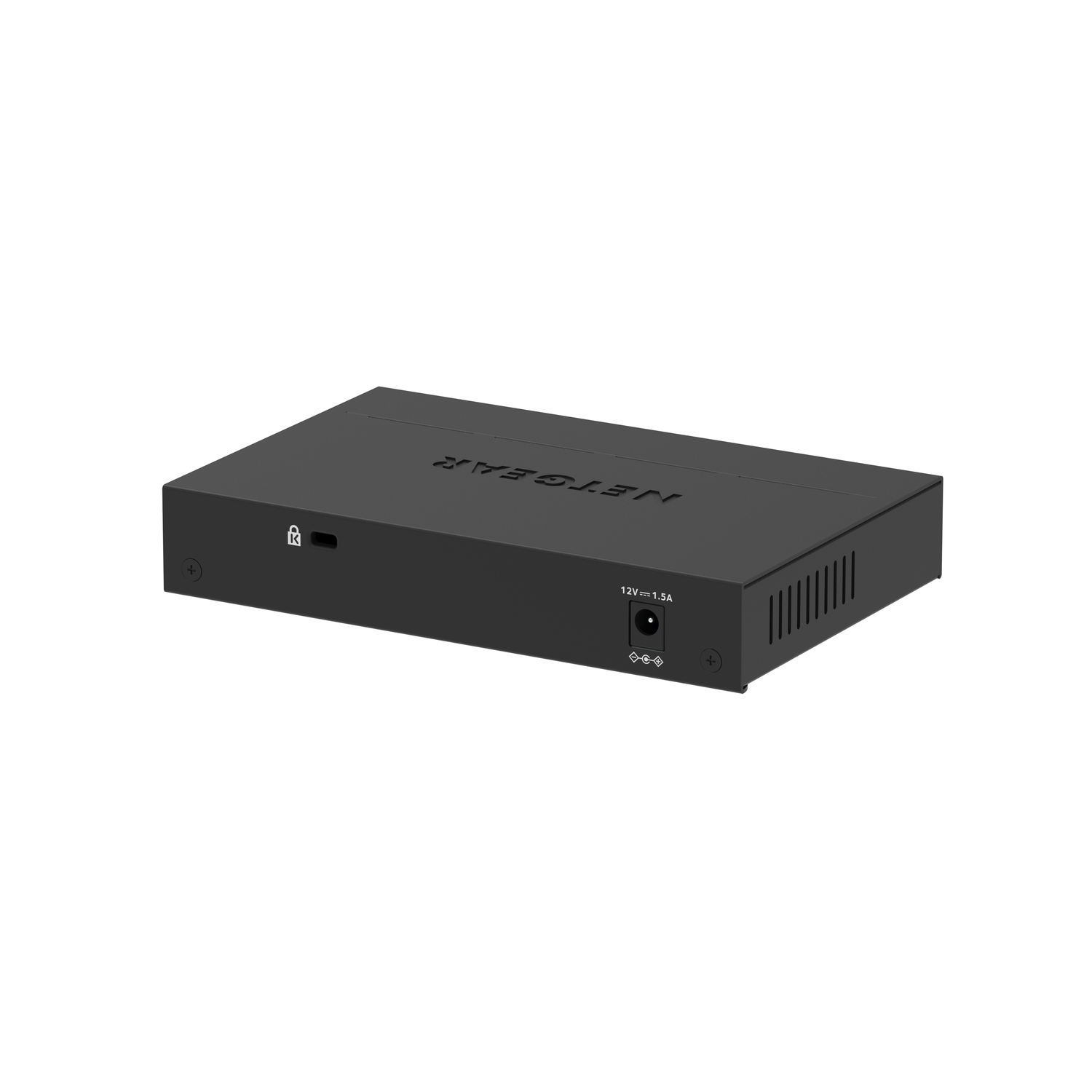 Appareil Netgear noir avec étiquettes, montrant l'arrière avec ports d'alimentation et de données, et un verrou.