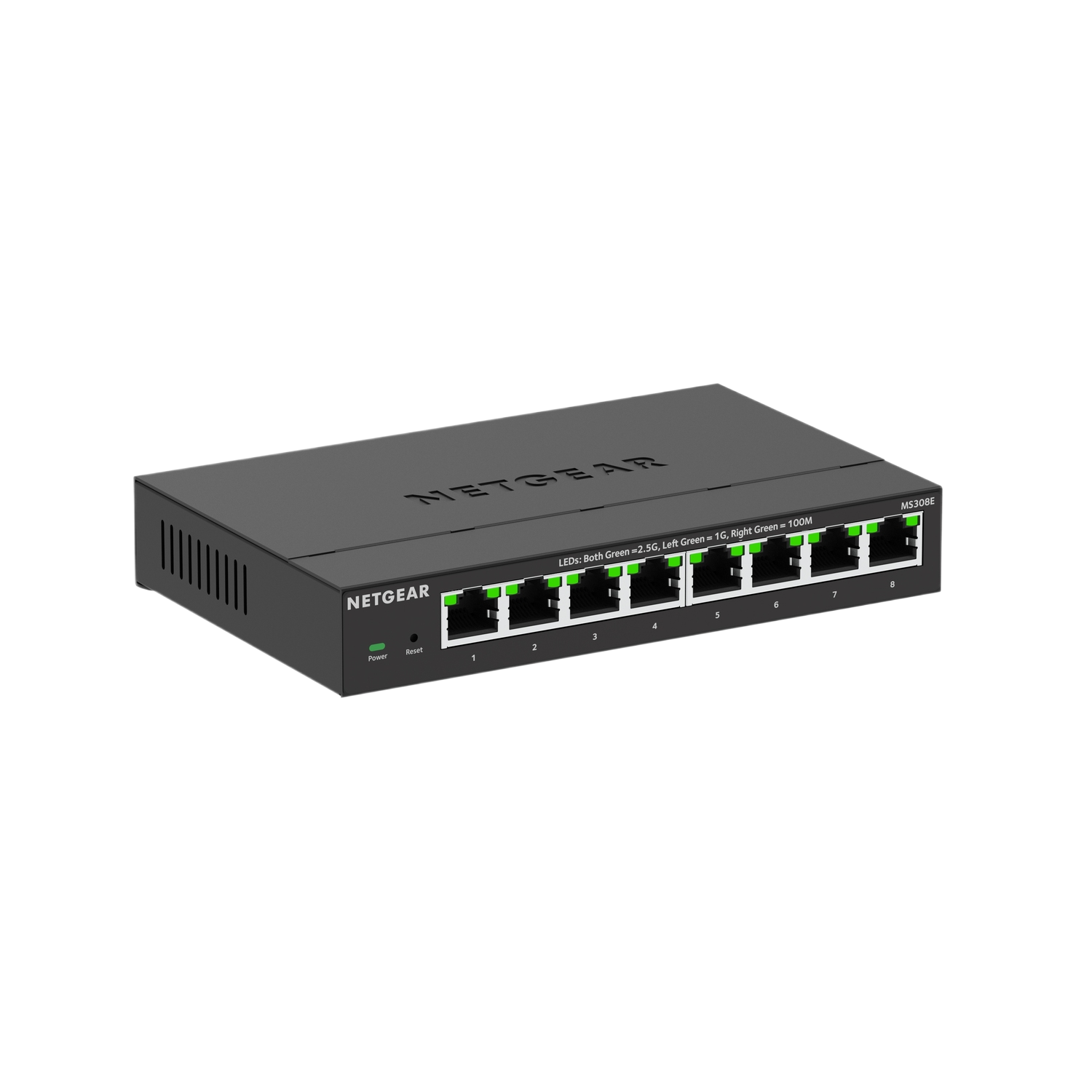 Zwarte Netgear netwerkswitch met groene indicatielampjes. Meerdere poorten zijn zichtbaar.