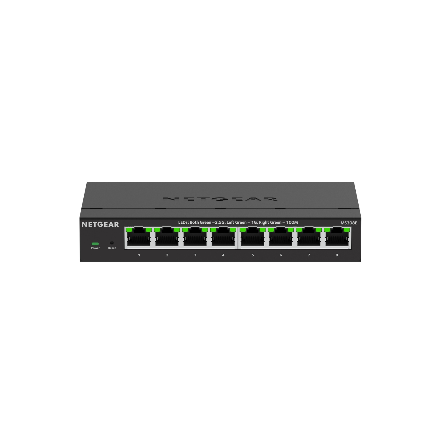 Zwarte Netgear-switch met acht poorten, aan/uit/reset-knoppen en LED-indicatoren.