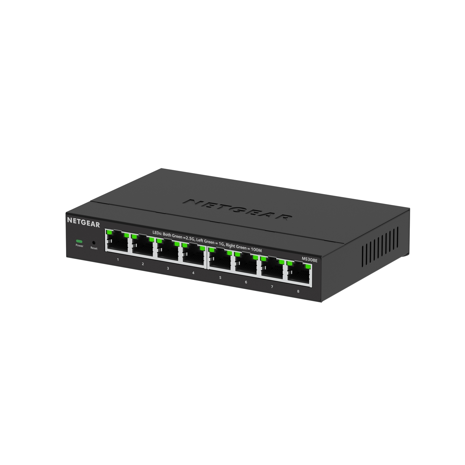 Zwarte NETGEAR 5-poorts netwerkswitch, met leds en poorten zichtbaar.
