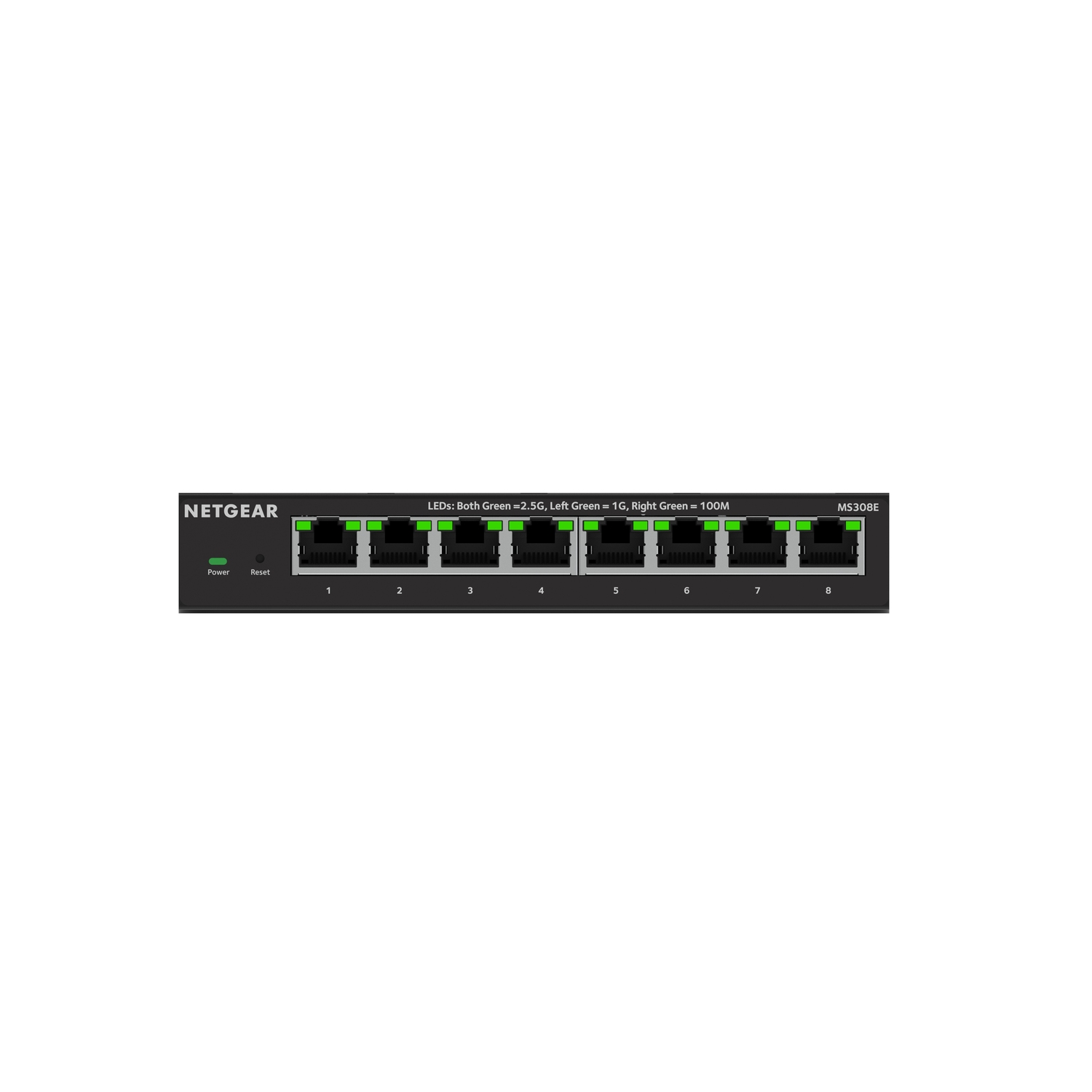 Een netwerkswitch met groene lampjes en een zwarte behuizing. Het Netgear-logo staat linksboven.