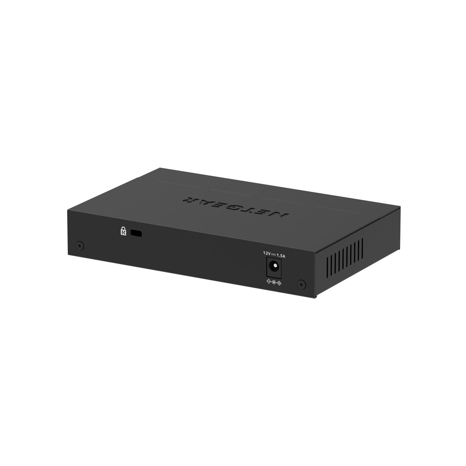 Zwart Netgear-apparaat met poorten en een stroomingang. 'Netgear' bovenaan gedrukt.