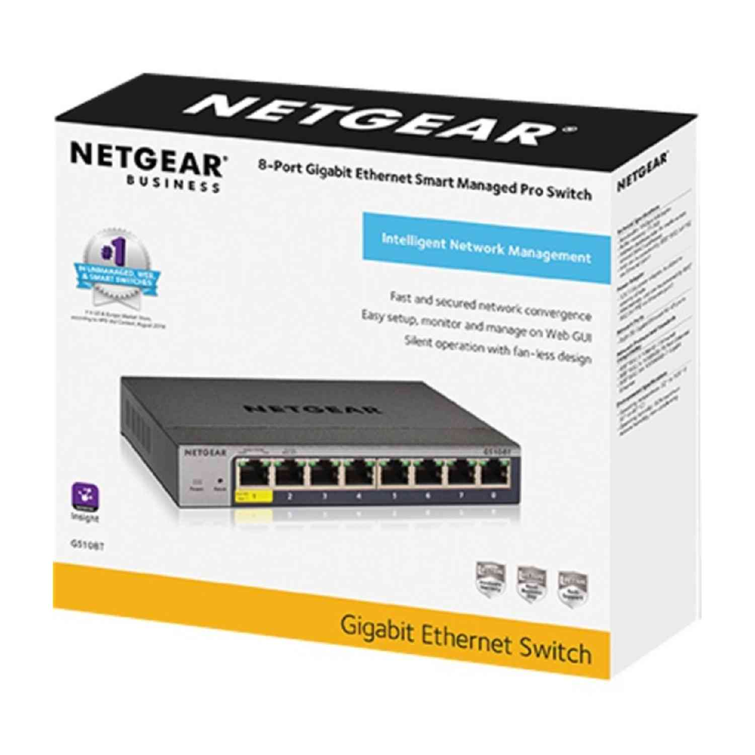 Een doos van de NETGEAR Business 8-Port Gigabit Ethernet Smart Managed Pro Switch.