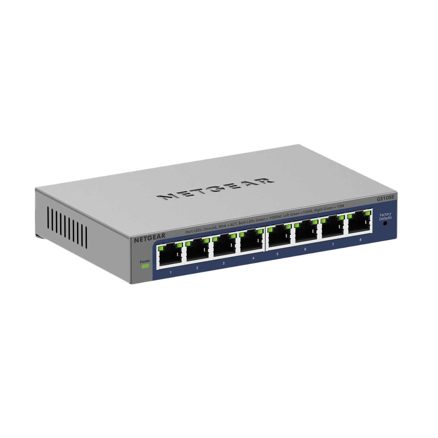 Grijze Netgear netwerkswitch, met poorten en indicatoren. Zwarte achtergrond.