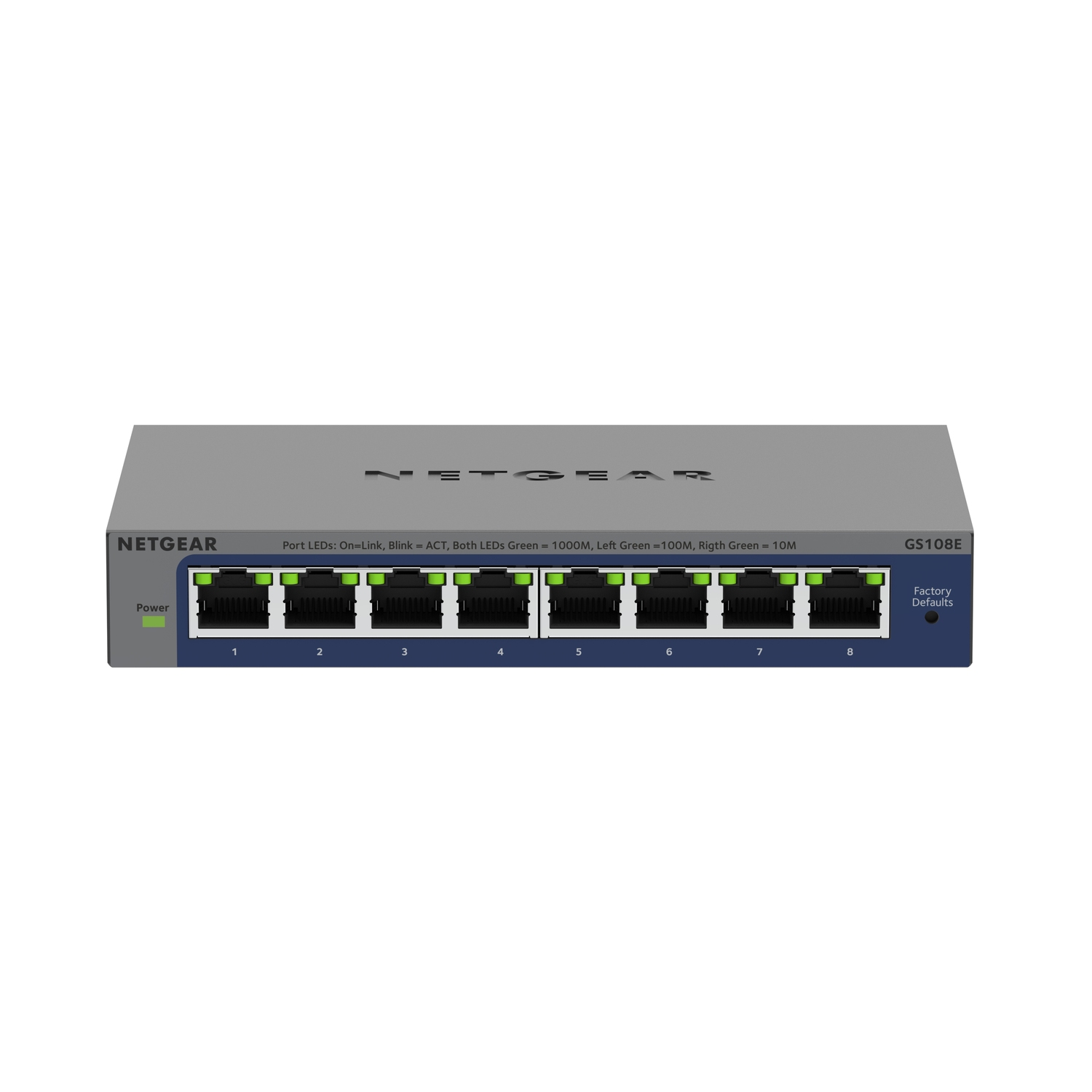 Een grijze NETGEAR netwerkswitch met acht poorten, het voorpaneel is zichtbaar.