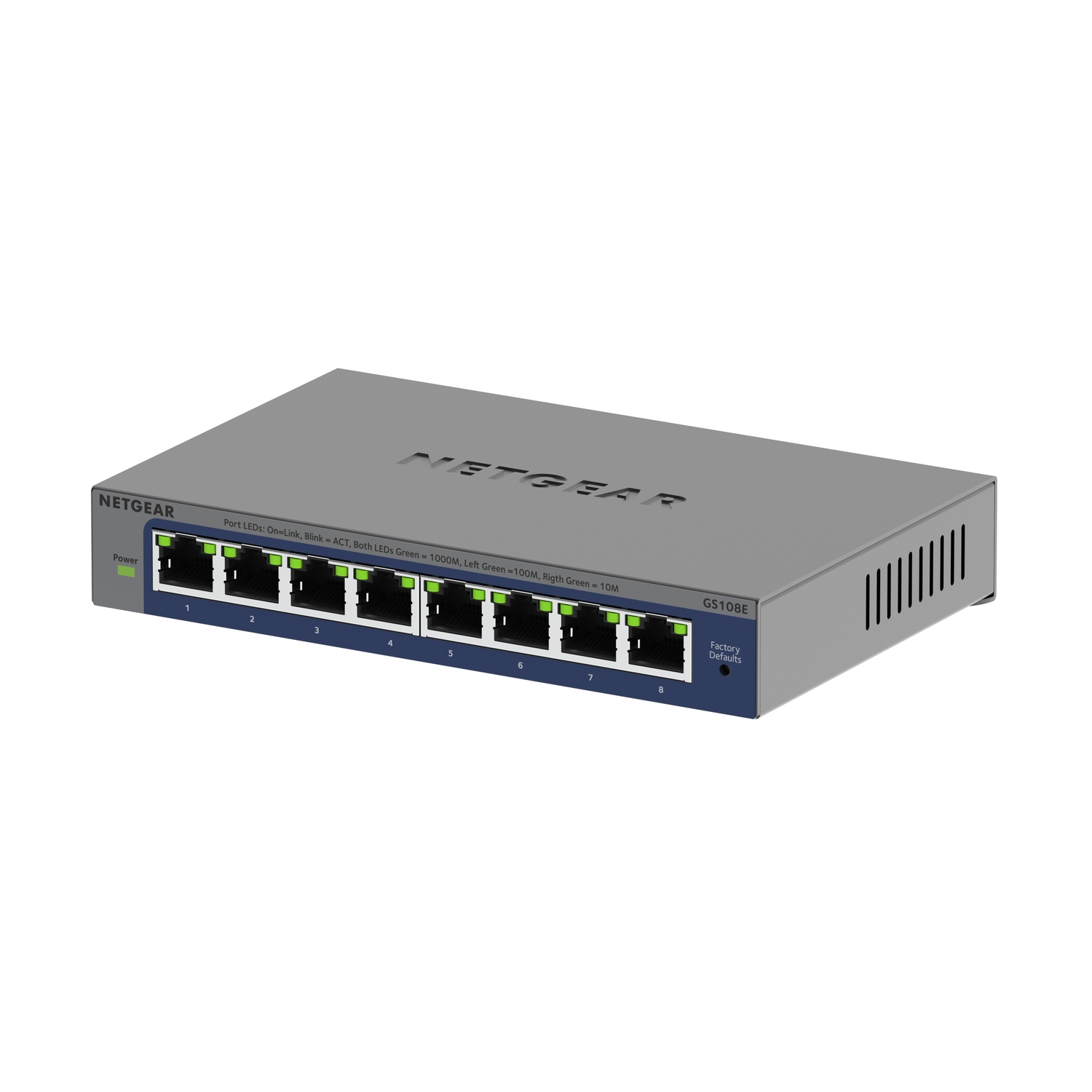 Een grijze Netgear-netwerkswitch met acht poorten en groene lampjes. Het apparaat staat op een tafel.